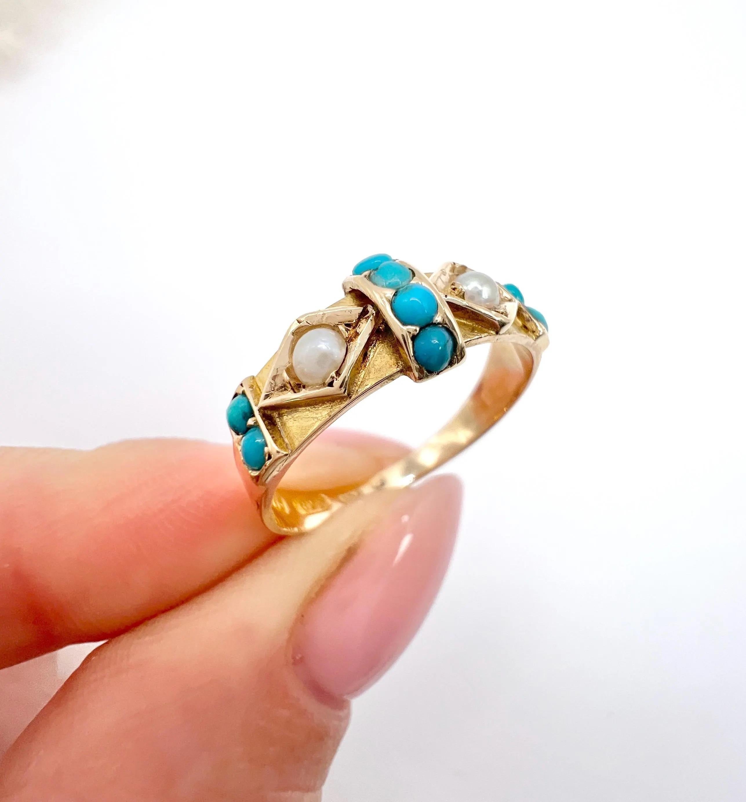 Antico anello a fascia in oro 15ct, turchese e perle, con marchio Birmingham 1924 in vendita 6