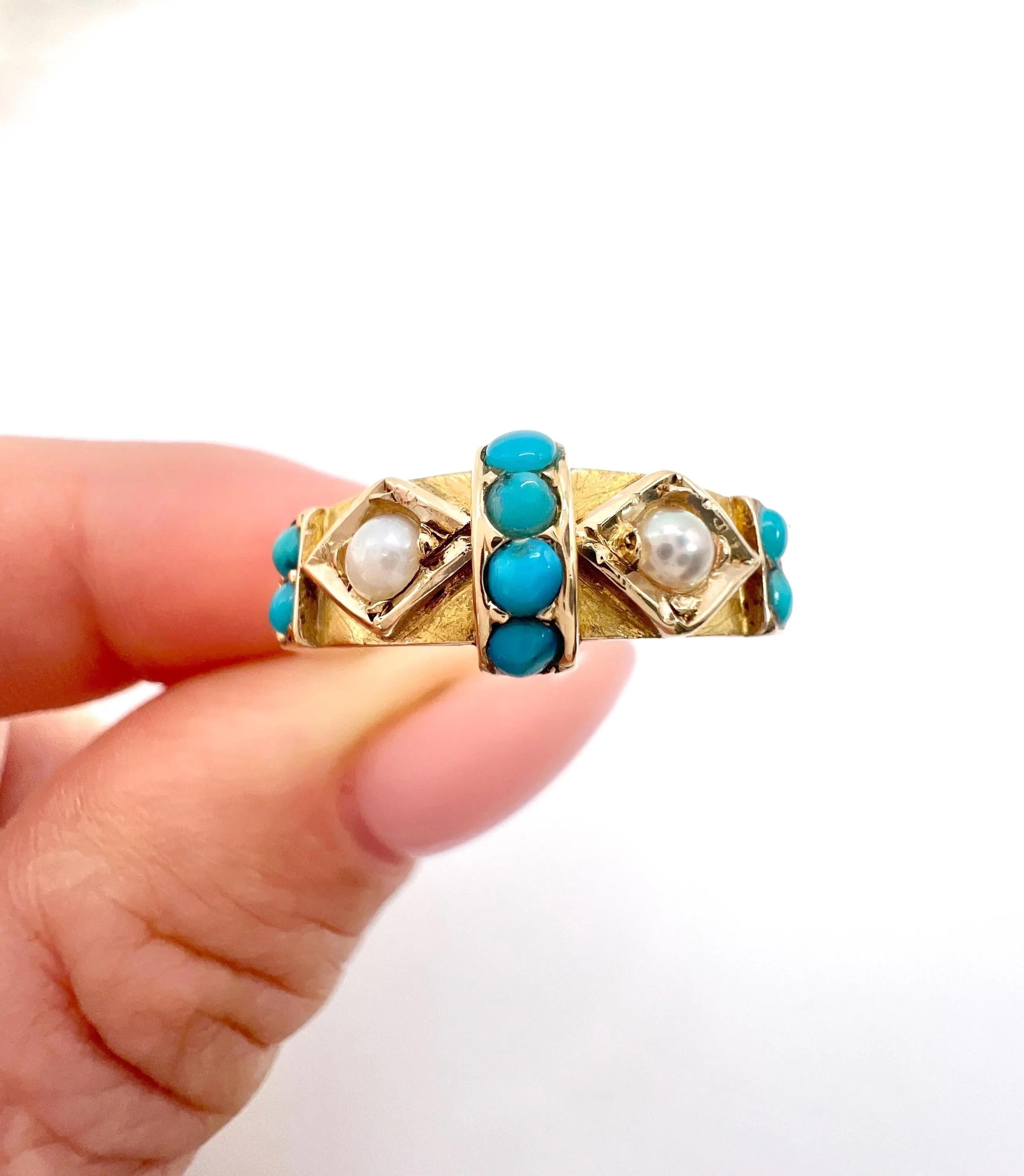Antico anello a fascia in oro 15ct, turchese e perle, con marchio Birmingham 1924 in vendita 1