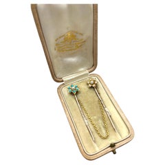 Antique 15ct Gold, Turquoise & Seed Pearl Collar Stick Pins in Original Box