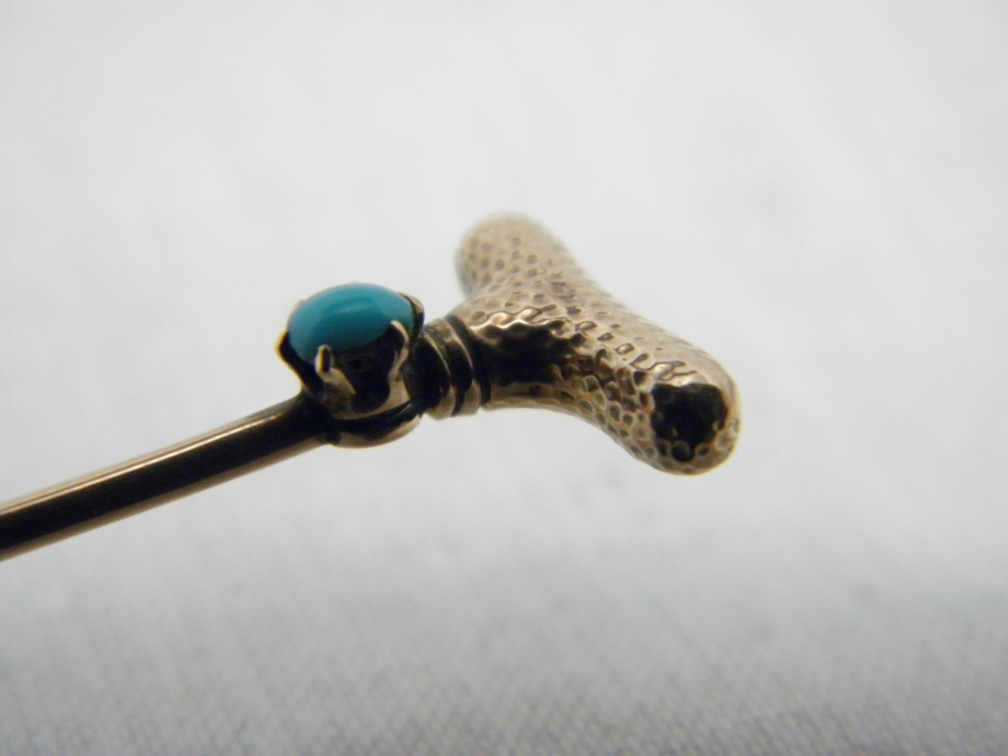 Cabochon Antique 15ct Gold Turquoise Stock Pin Brooch c1880 Heavy 625 Rose Walking Stick For Sale