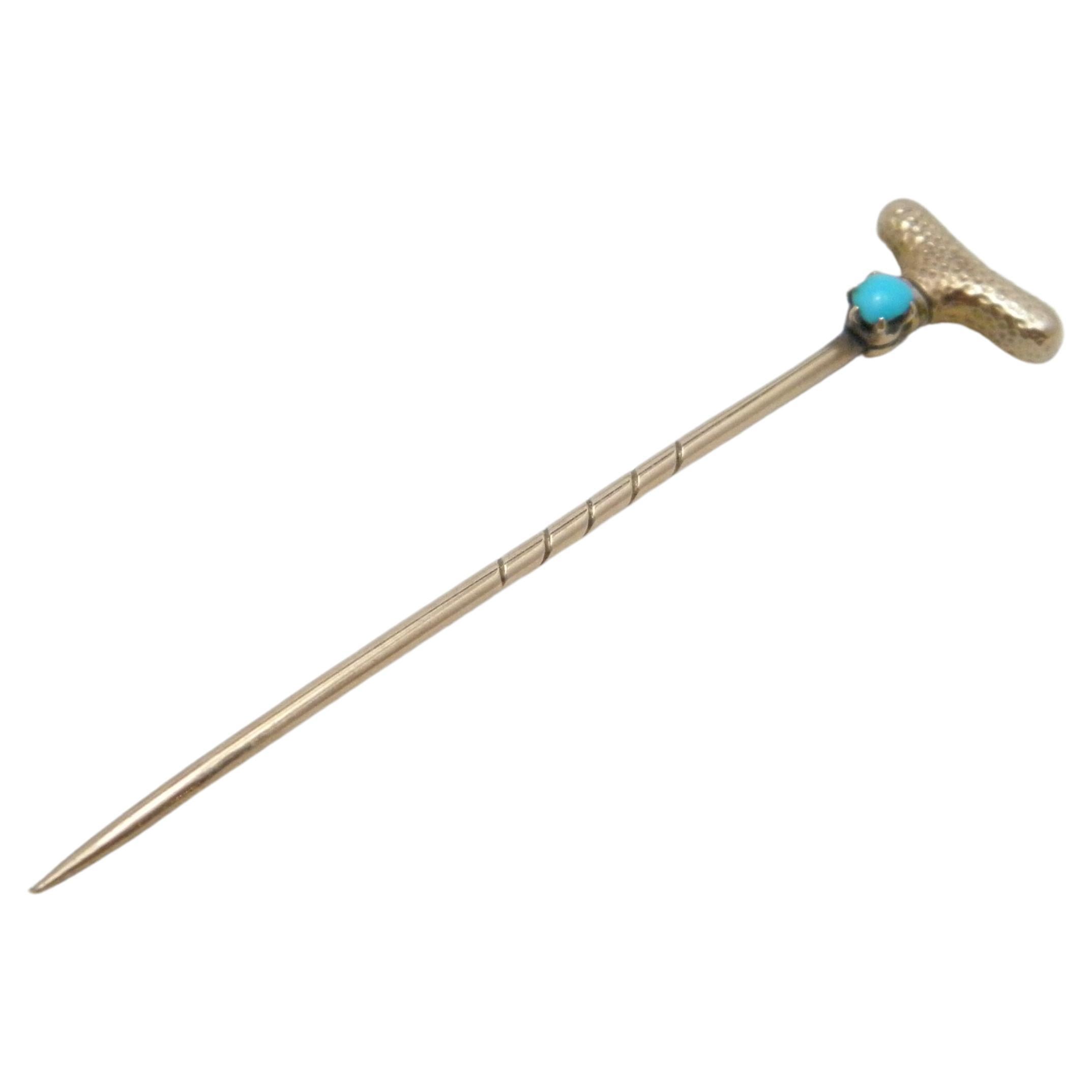 Antique 15ct Gold Turquoise Stock Pin Brooch c1880 Heavy 625 Rose Walking Stick For Sale