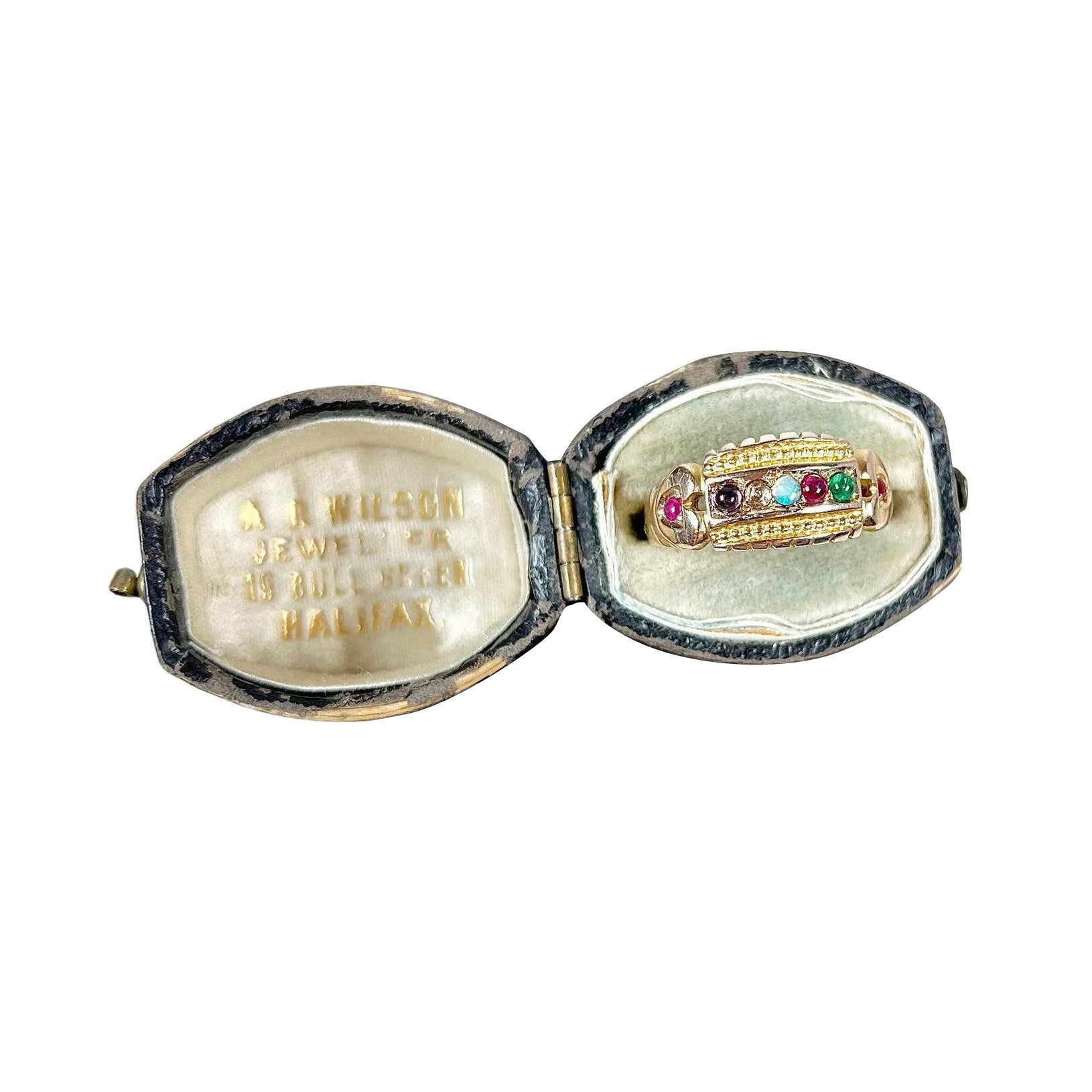 Antiker viktorianischer 15 Karat Gold viktorianischer Amethyst-Diamant-Opal-Rubin- und Smaragd-Acrostic-Ring im Angebot