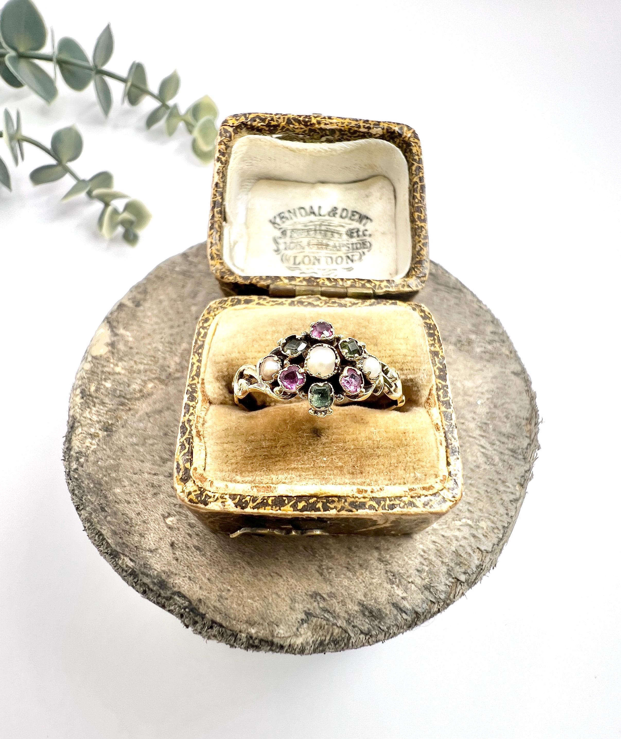 Antique 15ct Gold Victorian Amethyst Emerald and Pearl Suffragette Cluster Ring 5