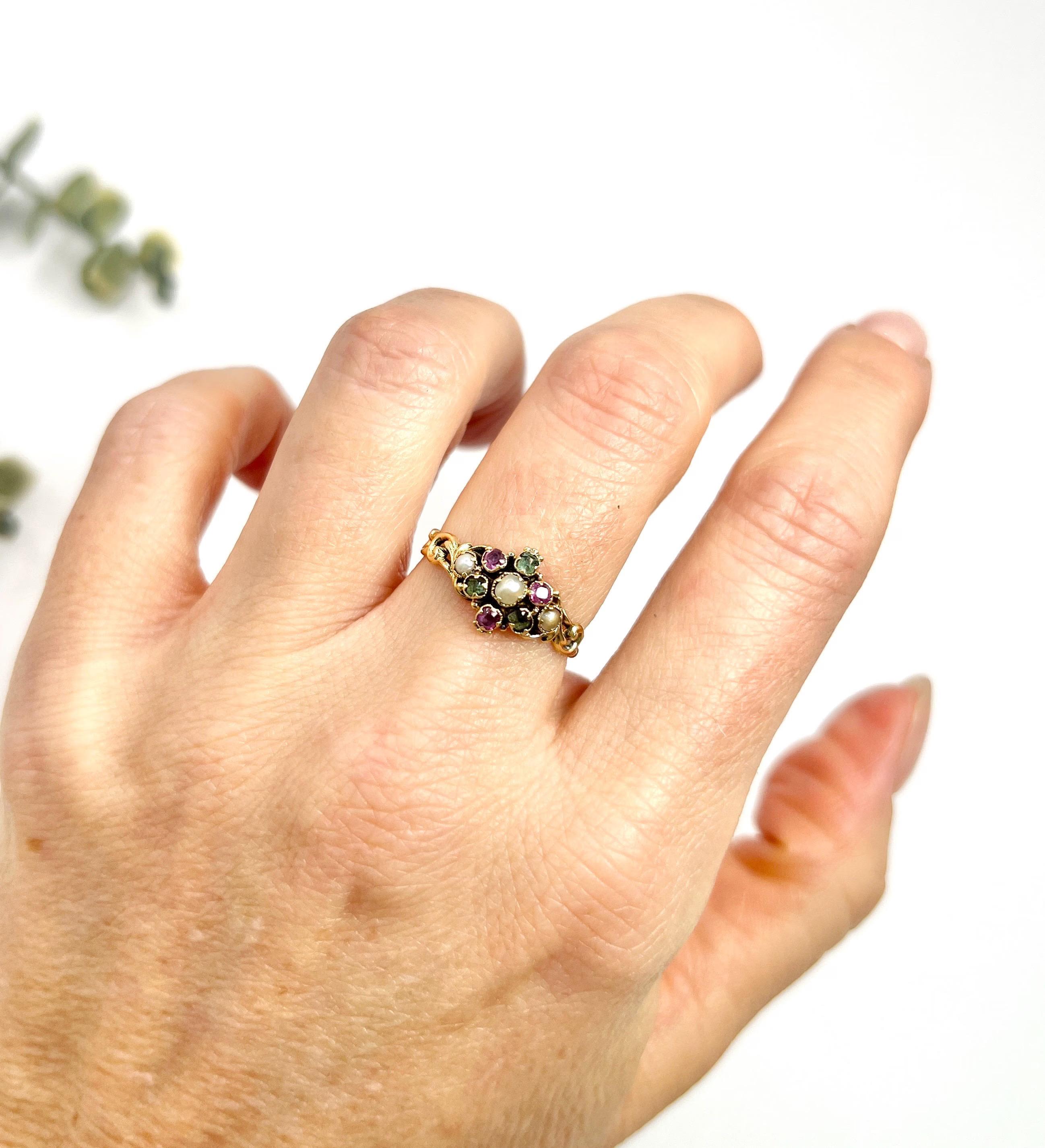 Antique 15ct Gold Victorian Amethyst Emerald and Pearl Suffragette Cluster Ring 7