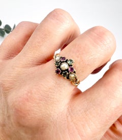 Antique 15ct Gold Victorian Amethyst Emerald and Pearl Suffragette Cluster Ring