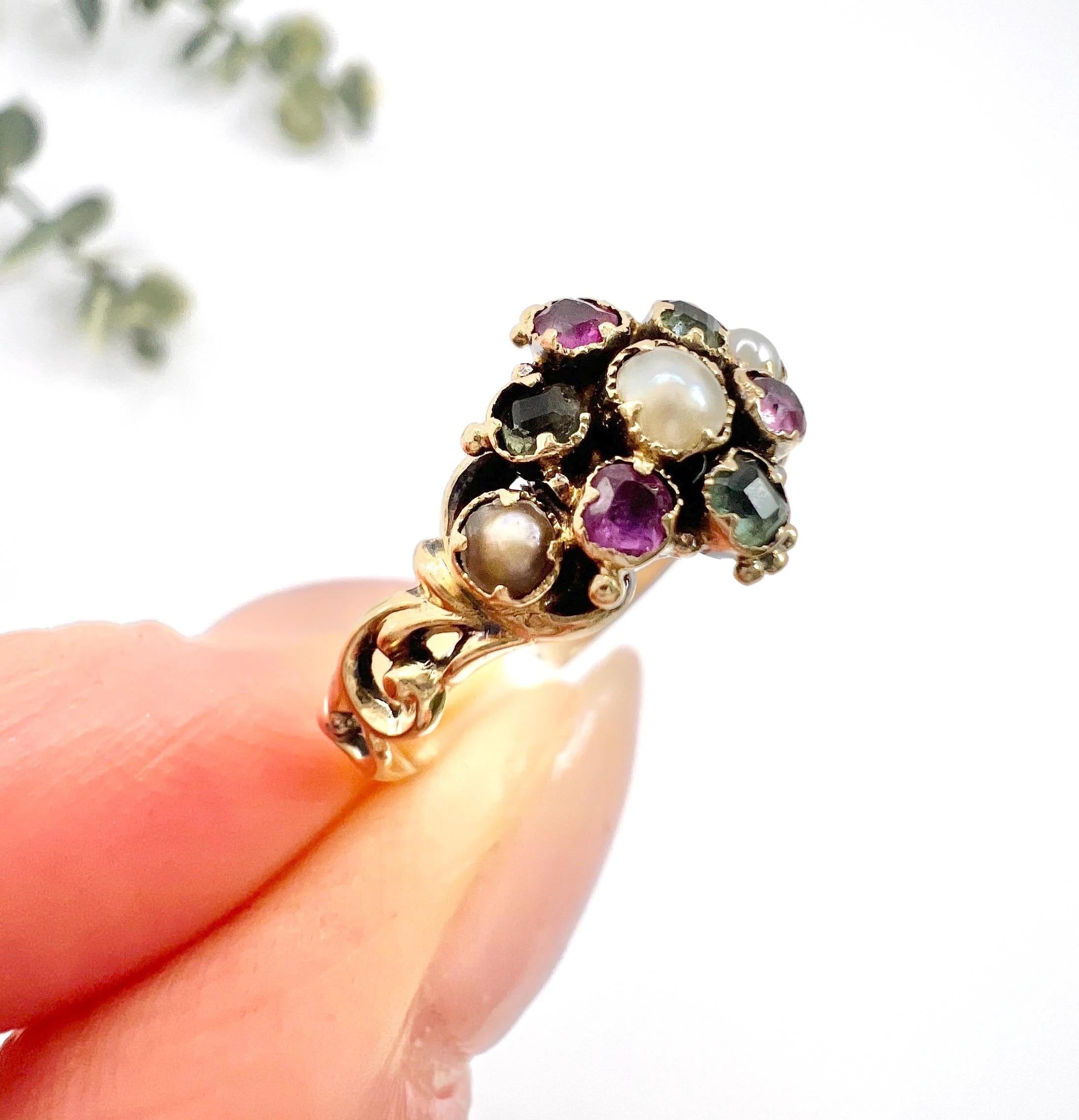Women's or Men's Antique 15ct Gold Victorian Amethyst Emerald and Pearl Suffragette Cluster Ring