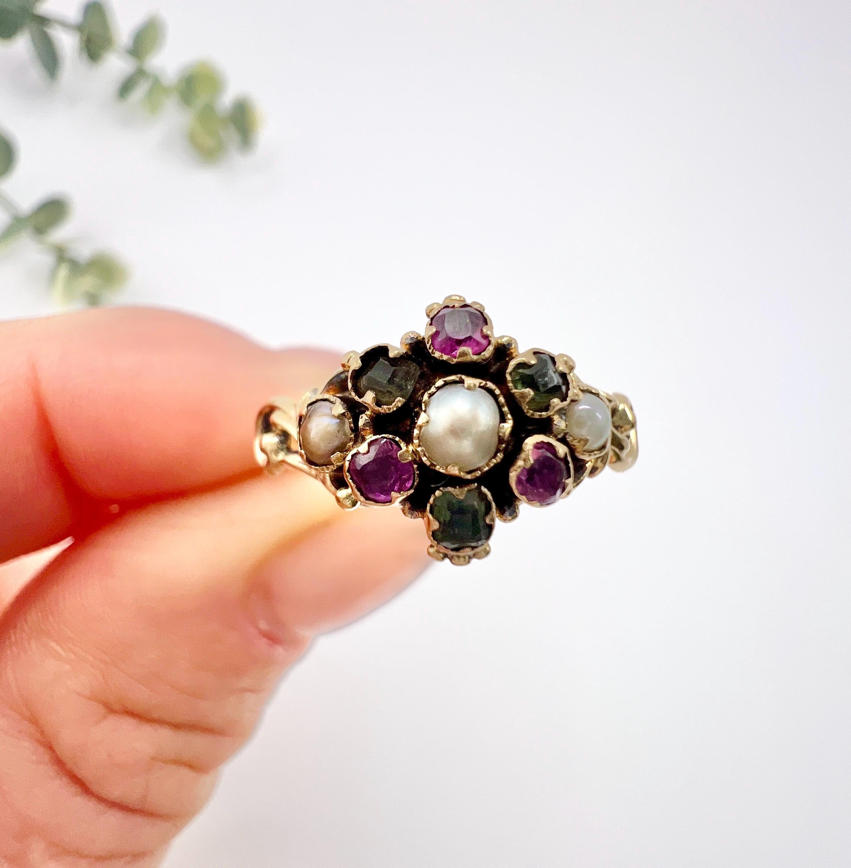 Antique 15ct Gold Victorian Amethyst Emerald and Pearl Suffragette Cluster Ring 2