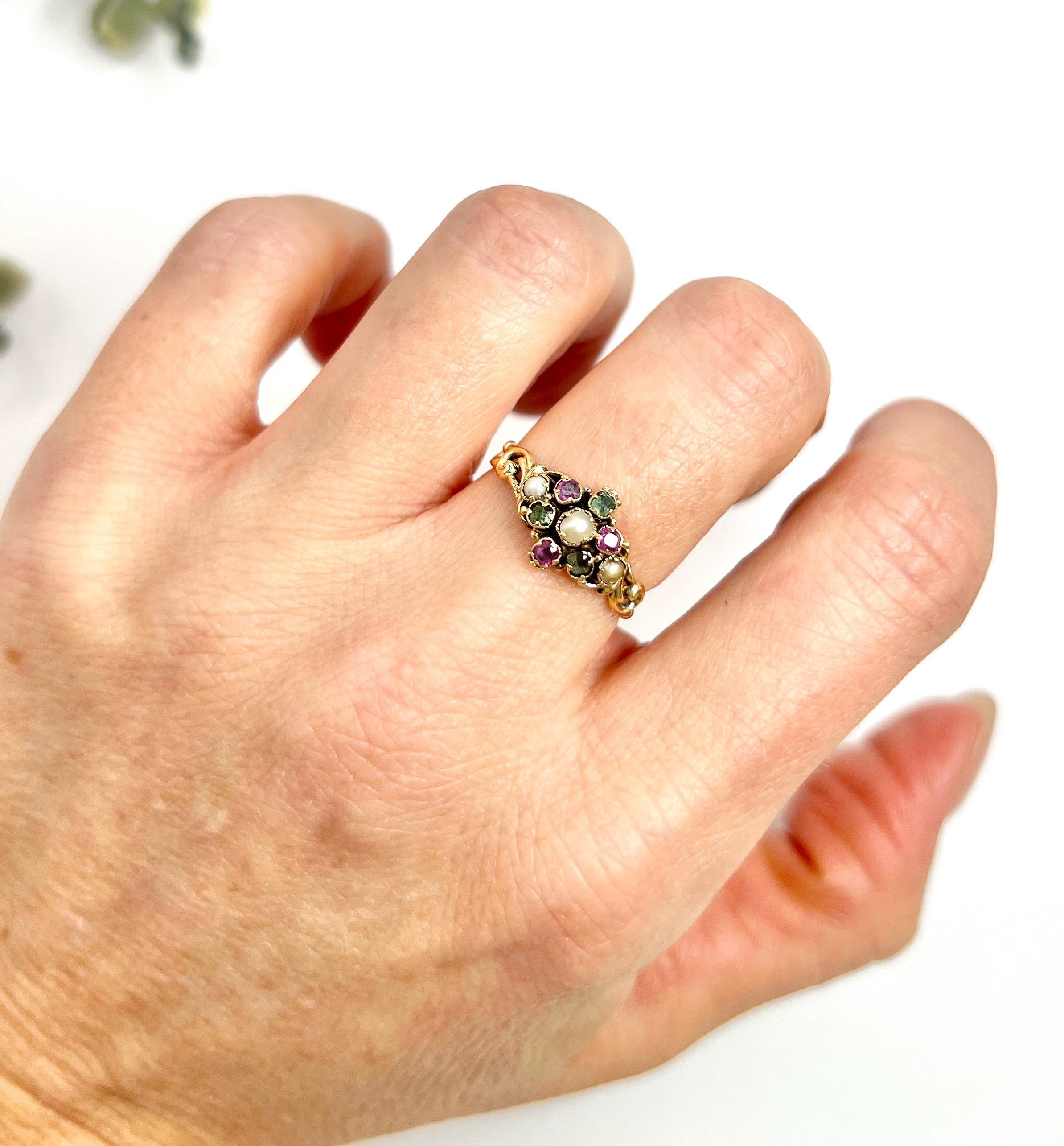 Antique 15ct Gold Victorian Amethyst Emerald and Pearl Suffragette Cluster Ring 3