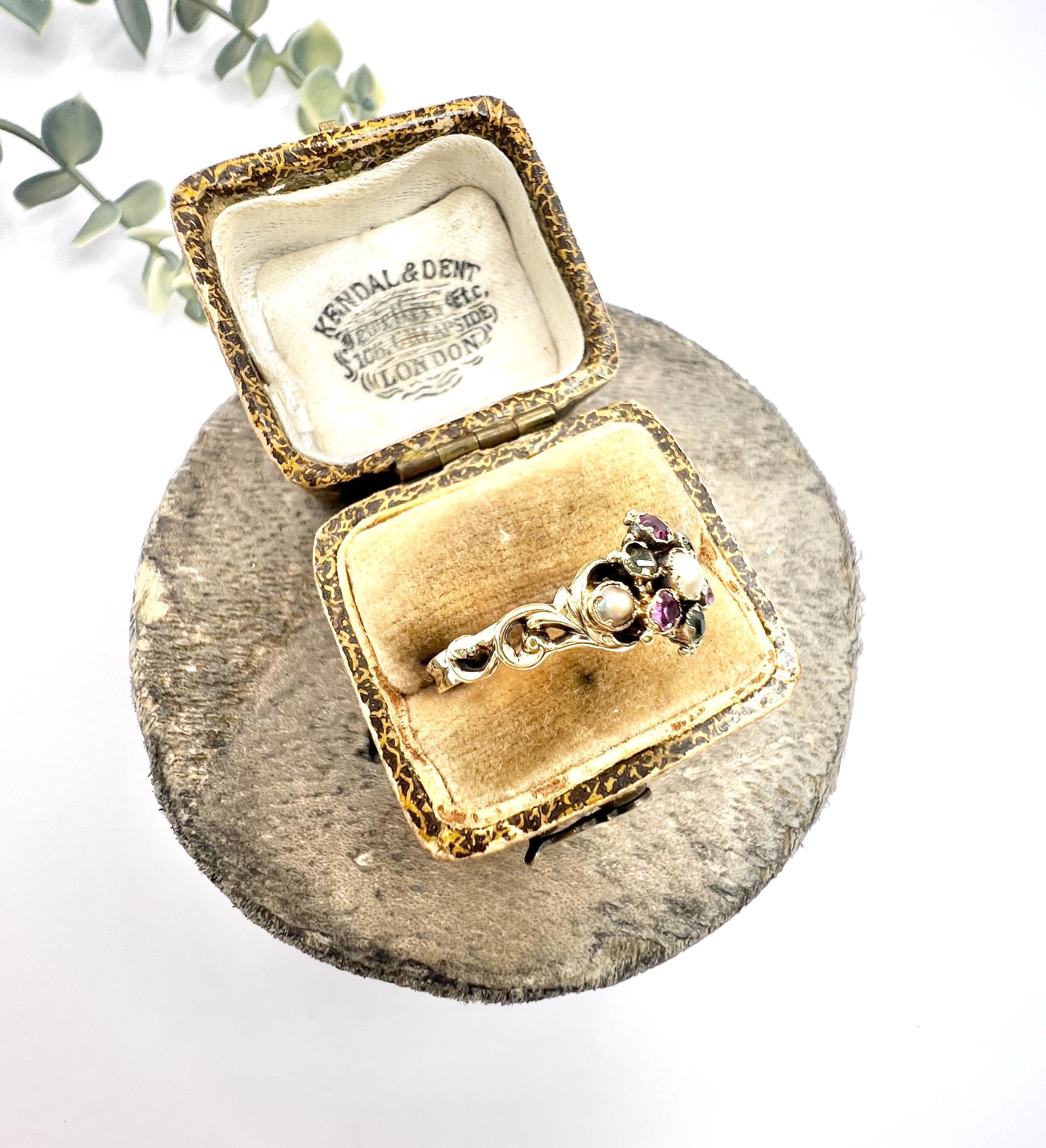 Antique 15ct Gold Victorian Amethyst Emerald and Pearl Suffragette Cluster Ring 4