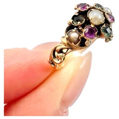 Antique 15ct Gold Victorian Amethyst Emerald and Pearl Suffragette Cluster Ring