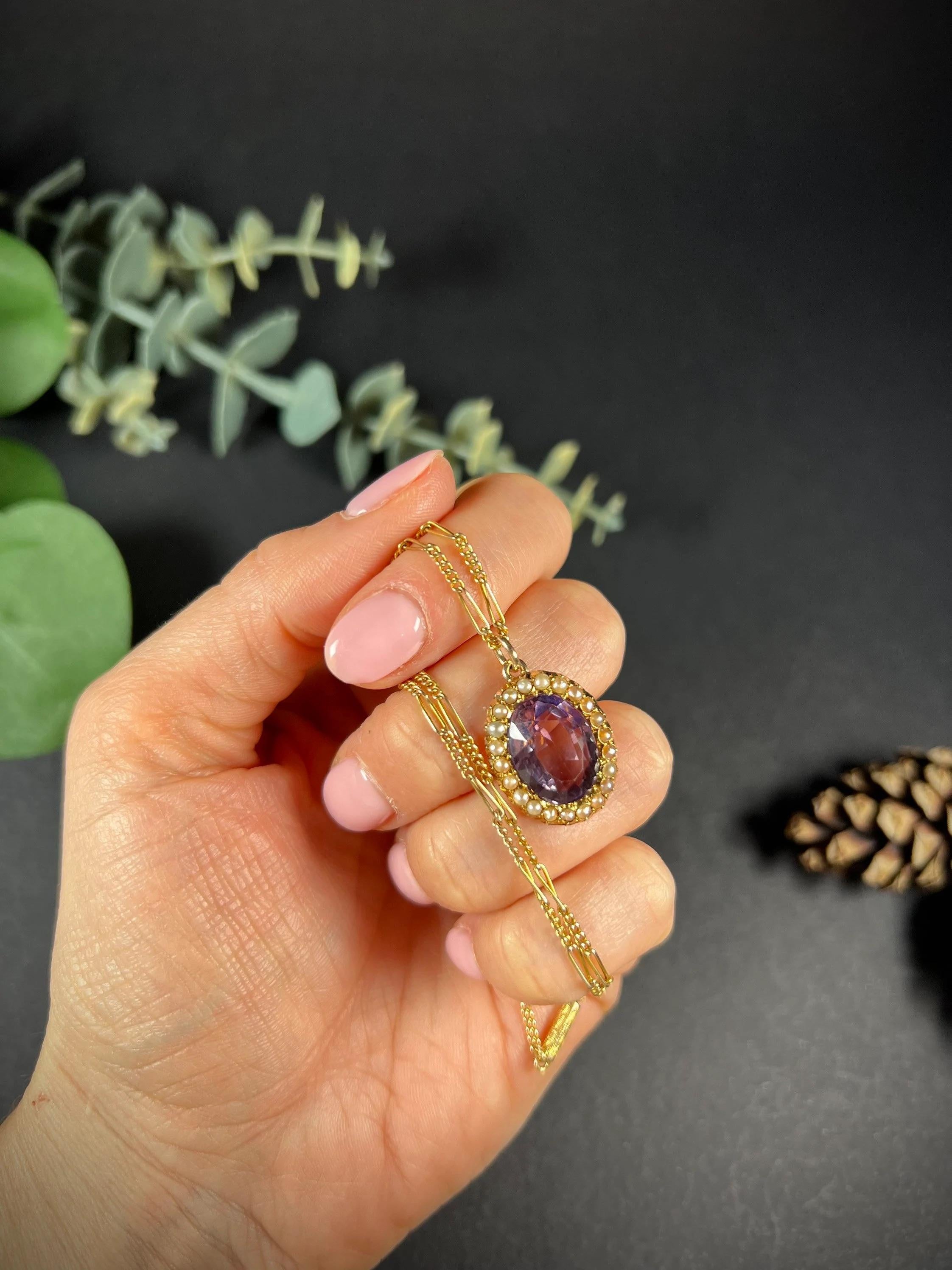 Antique Amethyst Pendant 

15ct Gold Stamped 

Circa 1880

Pretty, little Victorian oval shaped pendant. Set with a lovely faceted amethyst & a halo of natural seed pearls. Incased in 15ct gold with an open back. 

Pendant measures approx height