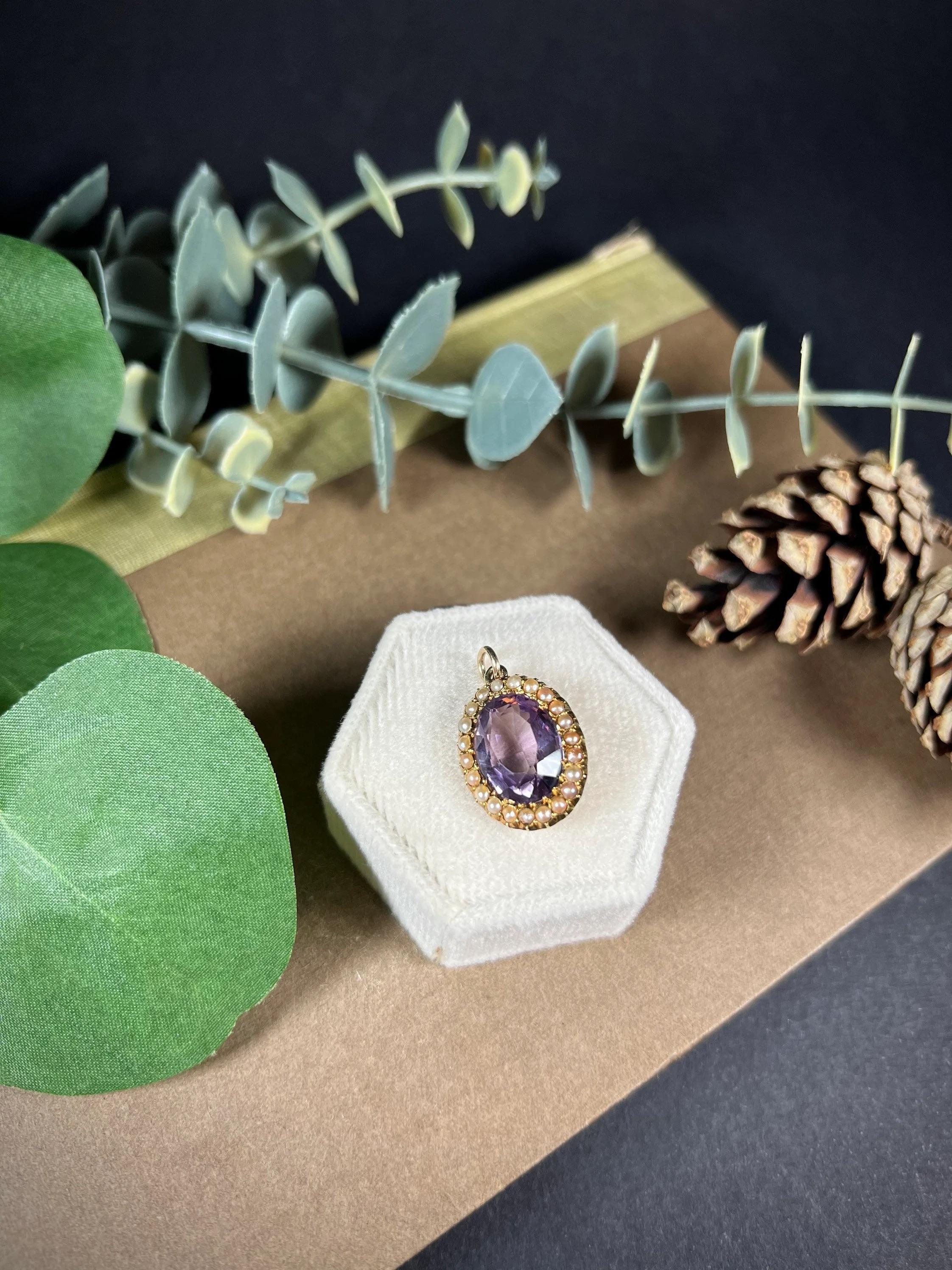 Oval Cut Antique 15ct Gold Victorian Amethyst & Pearl Oval Pendant For Sale