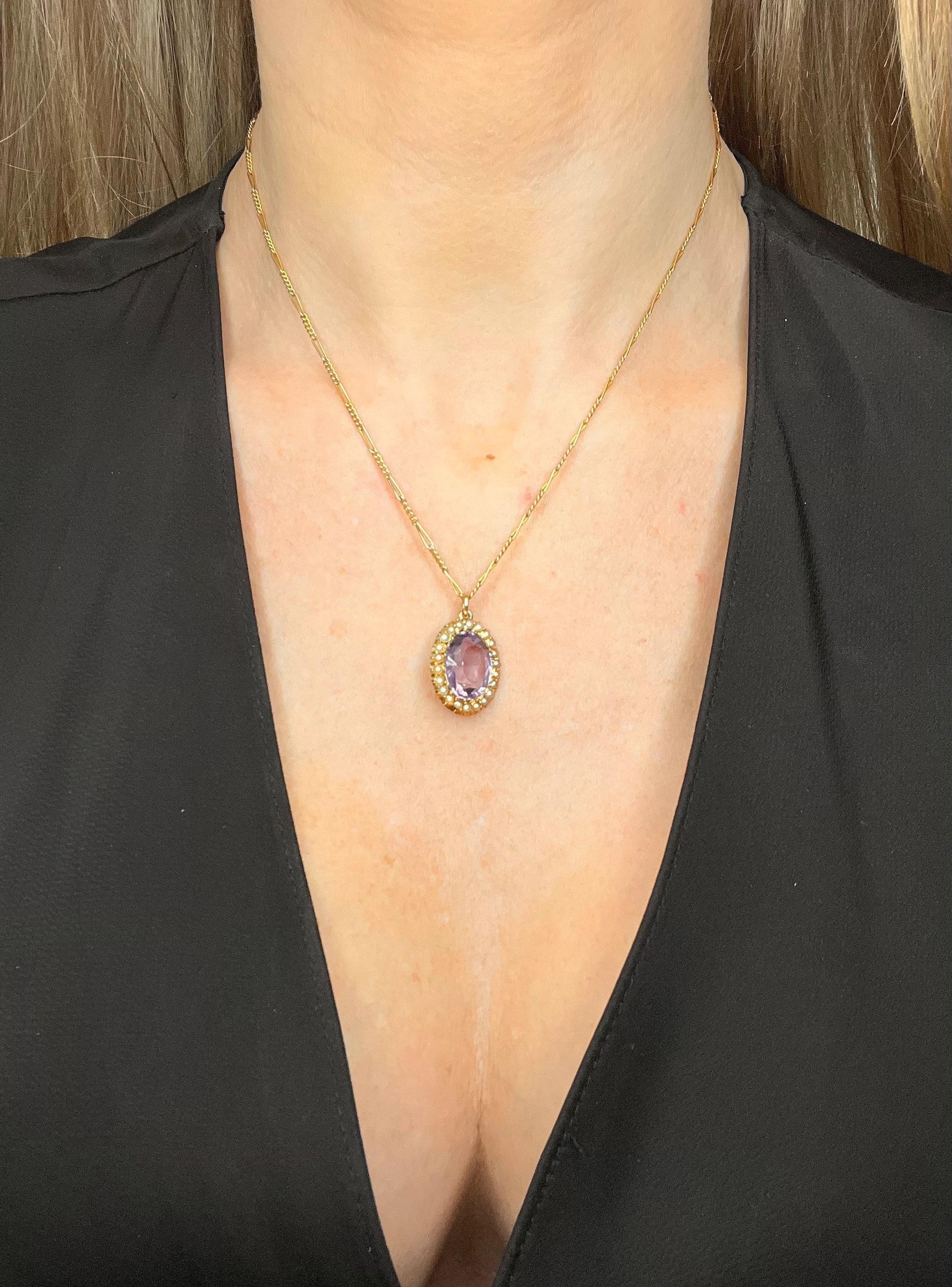 Antique 15ct Gold Victorian Amethyst & Pearl Oval Pendant For Sale 3