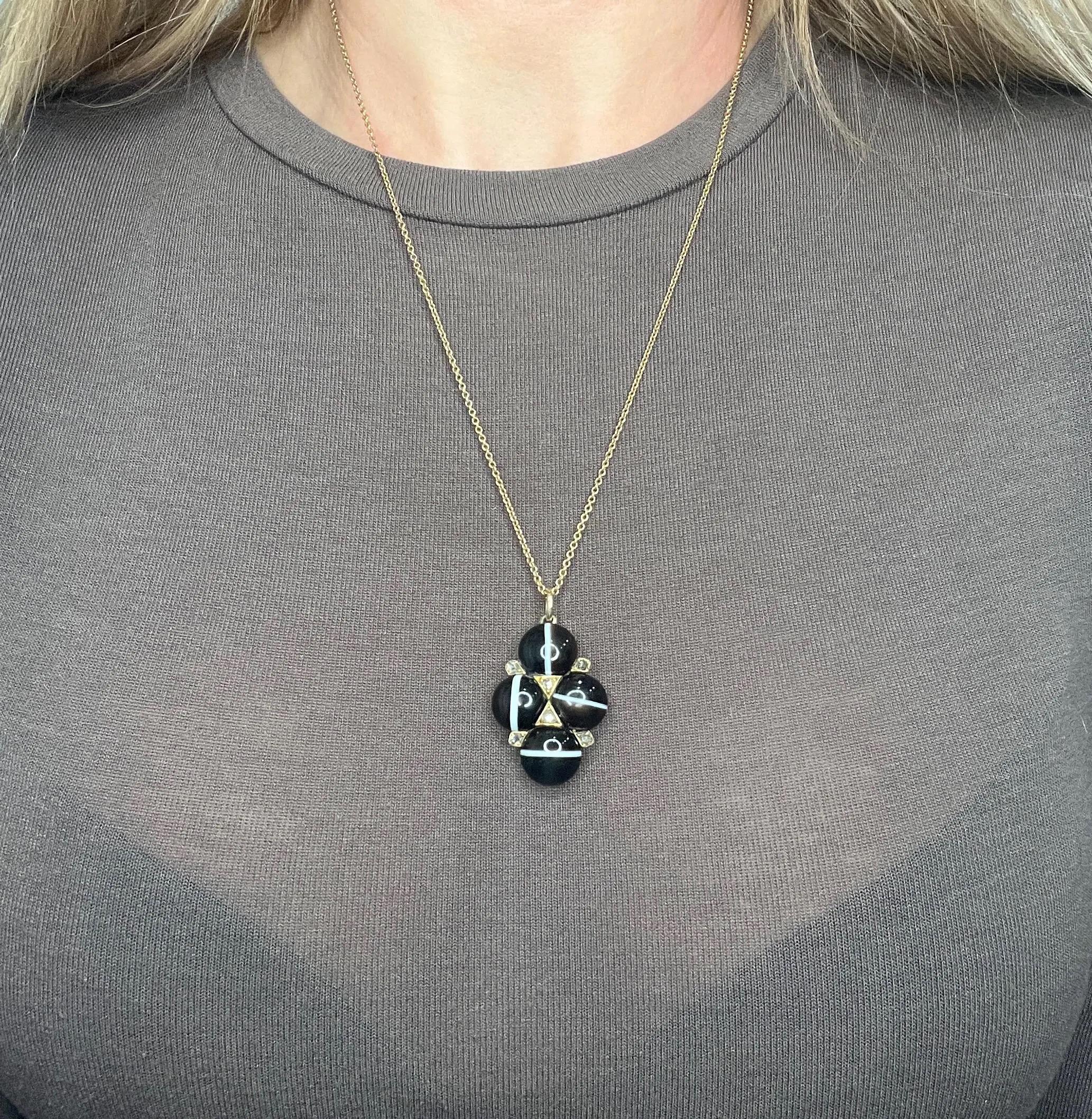 Round Cut Antique 15ct Gold, Victorian Banded Agate & Rose Cut Diamond Locket Pendant For Sale