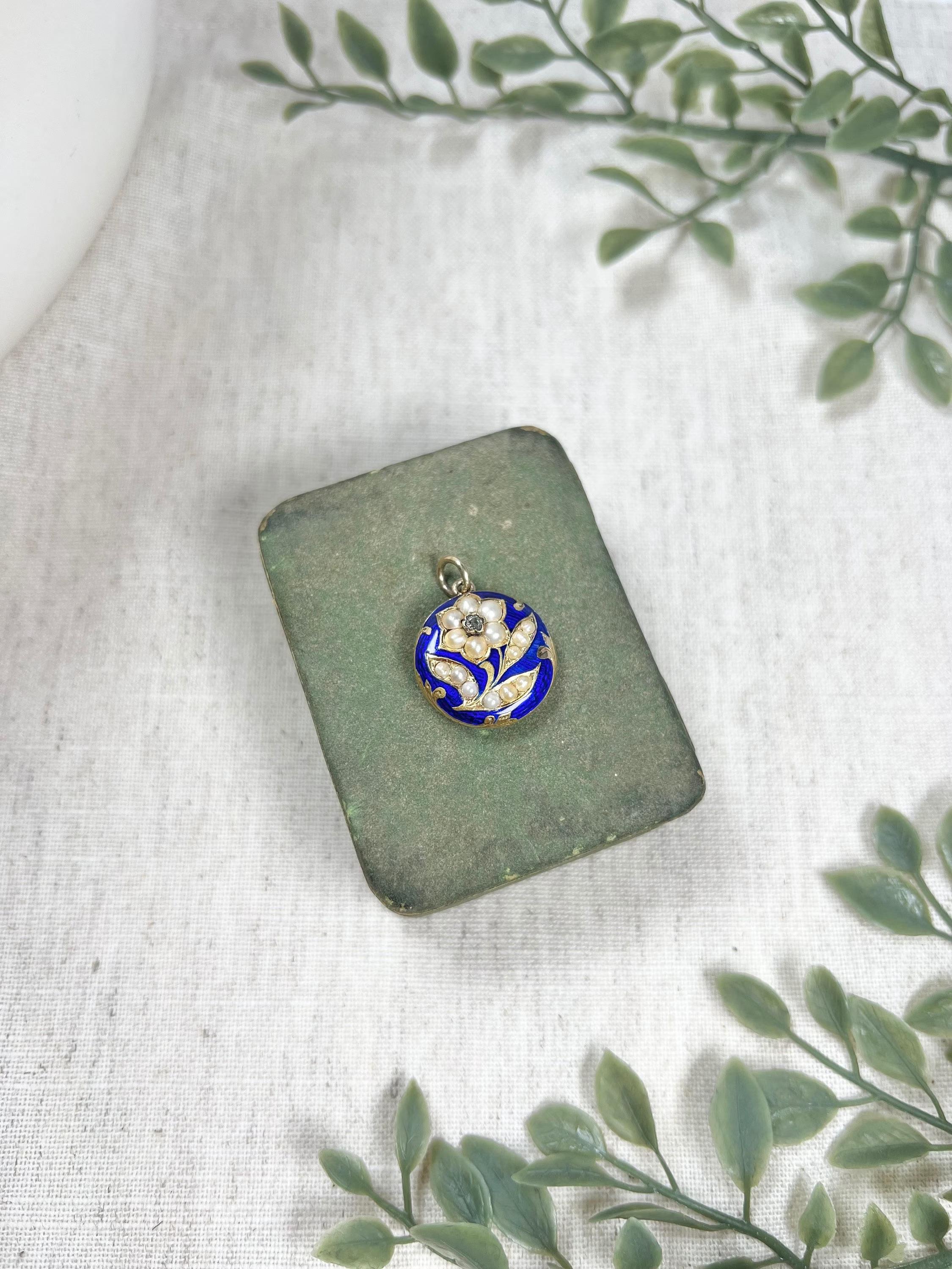 Antique 15ct Gold Victorian Blue Enamel, Diamond & Pearl Locket Flower Pendant For Sale 1
