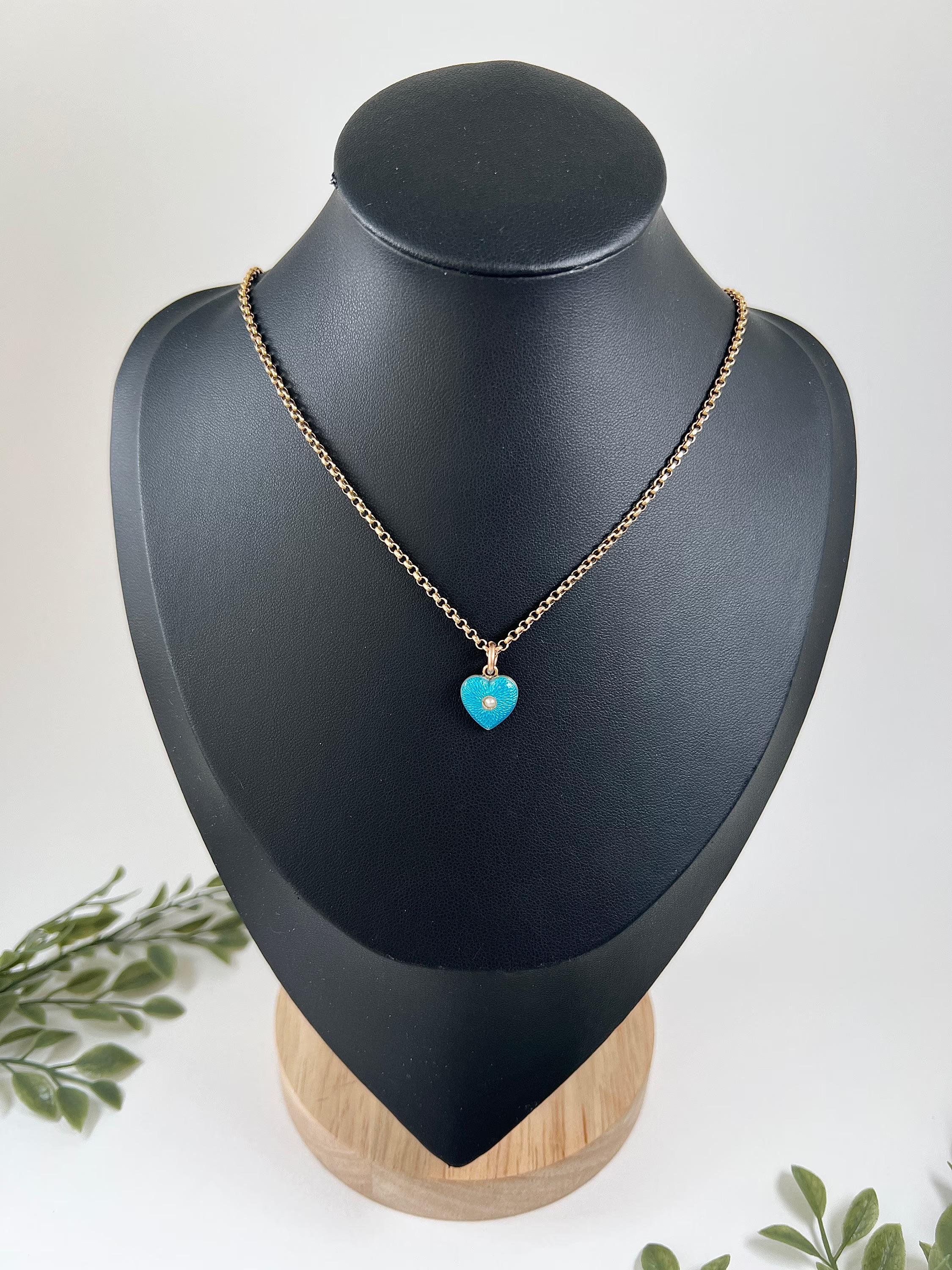 Antique 15ct Gold, Victorian Blue Enamel Heart Pendant with Seed Pearl Centre For Sale 5