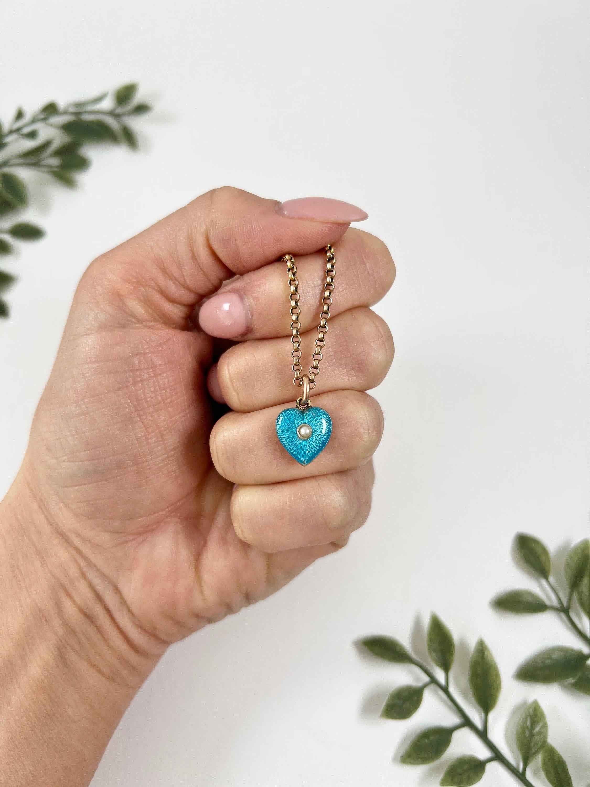Women's or Men's Antique 15ct Gold, Victorian Blue Enamel Heart Pendant with Seed Pearl Centre For Sale