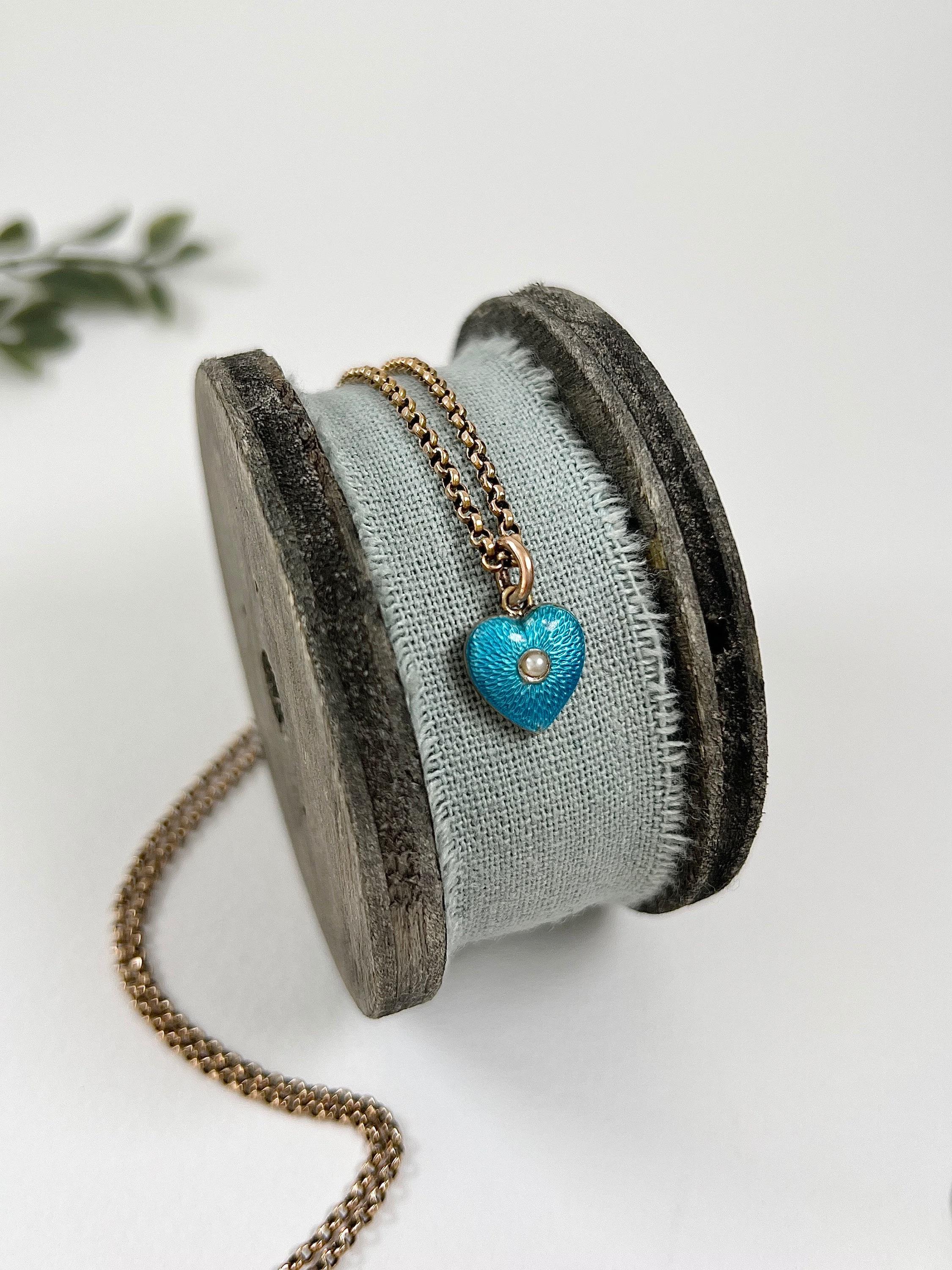 Antique 15ct Gold, Victorian Blue Enamel Heart Pendant with Seed Pearl Centre For Sale 4