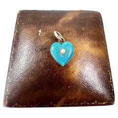 Antique 15ct Gold, Victorian Blue Enamel Heart Pendant with Seed Pearl Centre