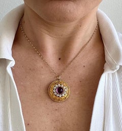 Antique 15ct Gold, Victorian Cabochon Amethyst & Carved Coral Locket Pendant