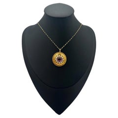 Antique 15ct Gold, Victorian Cabochon Amethyst & Carved Coral Locket Pendant