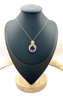 Antique 15ct Gold, Victorian Cabochon Amethyst & Pearl Oval Pendant