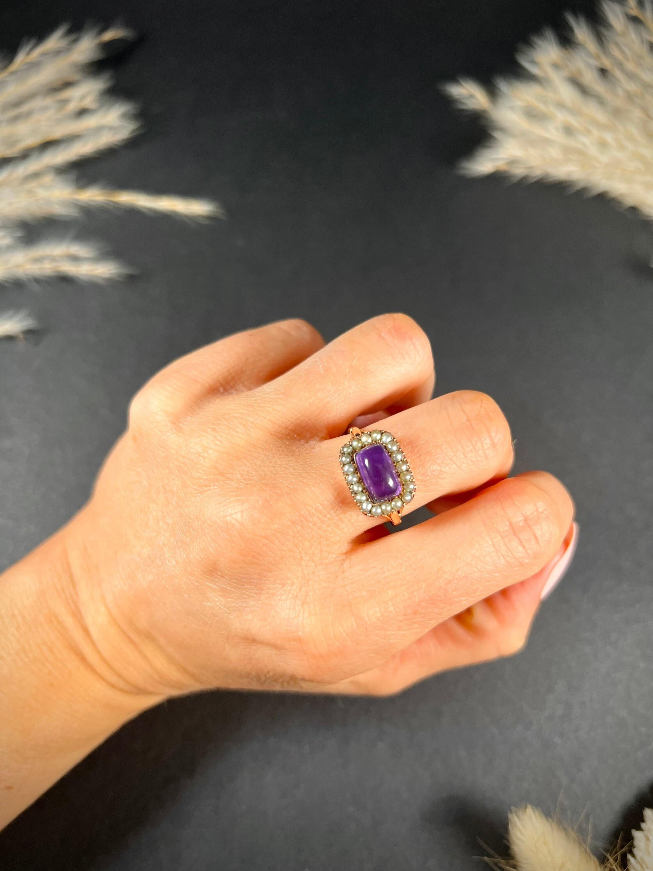 Antique Amethyst Ring

15ct Gold Tested 

Circa 1880

Fabulous, Victorian amethyst ring. Set with a gorgeous sized, cabochon amethyst stone. Surrounded by a beautiful halo of natural seed pearls & mounted on a 15ct yellow gold band with lovely split