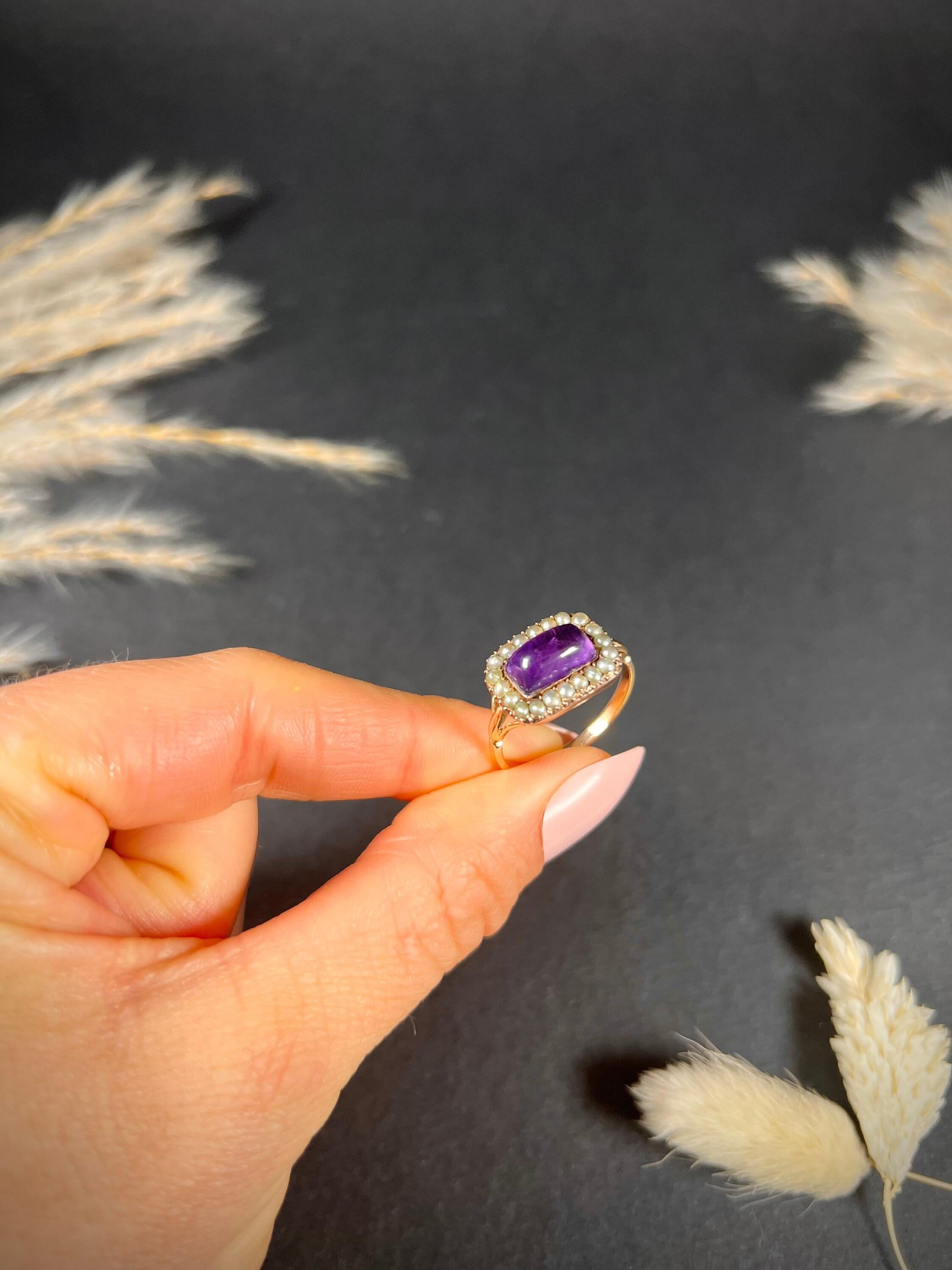 Antiker viktorianischer 15 Karat Gold viktorianischer Cabochon Amethyst & Perlenring im Zustand „Gut“ im Angebot in Brighton, GB