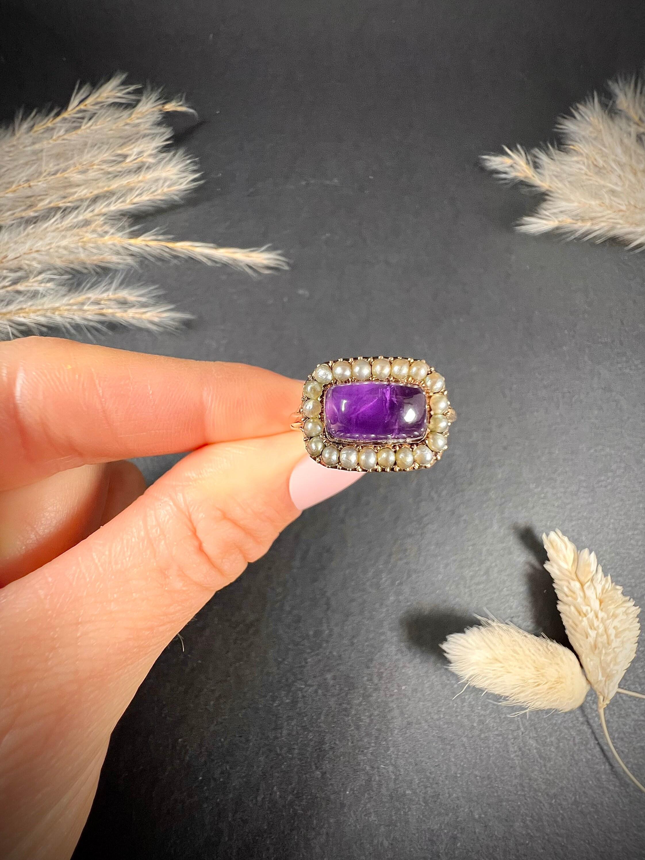 Antique 15ct Gold Victorian Cabochon Amethyst & Pearl Ring For Sale 4