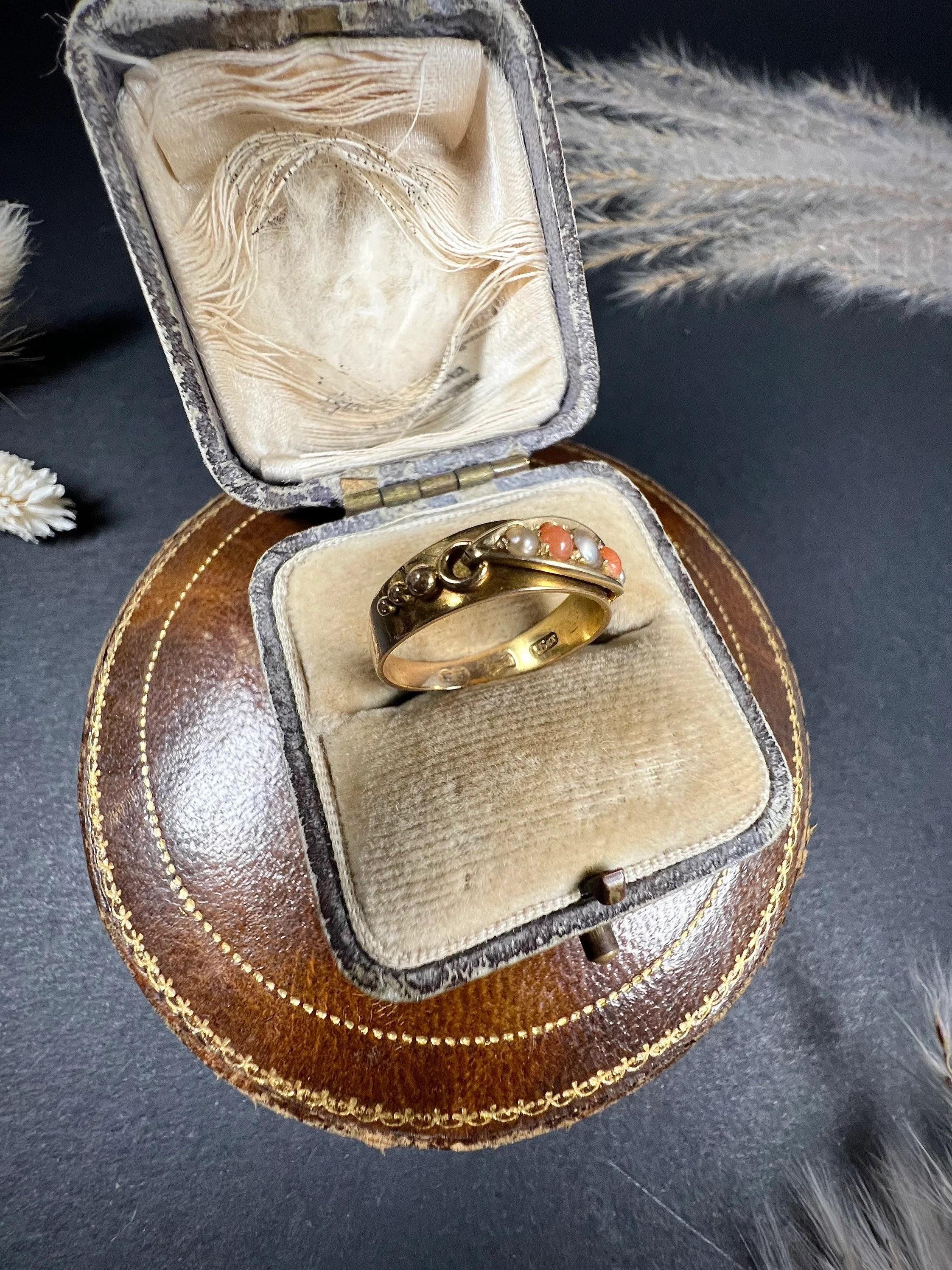 Round Cut Antique 15ct Gold Victorian Coral & Pearl Band Ring For Sale