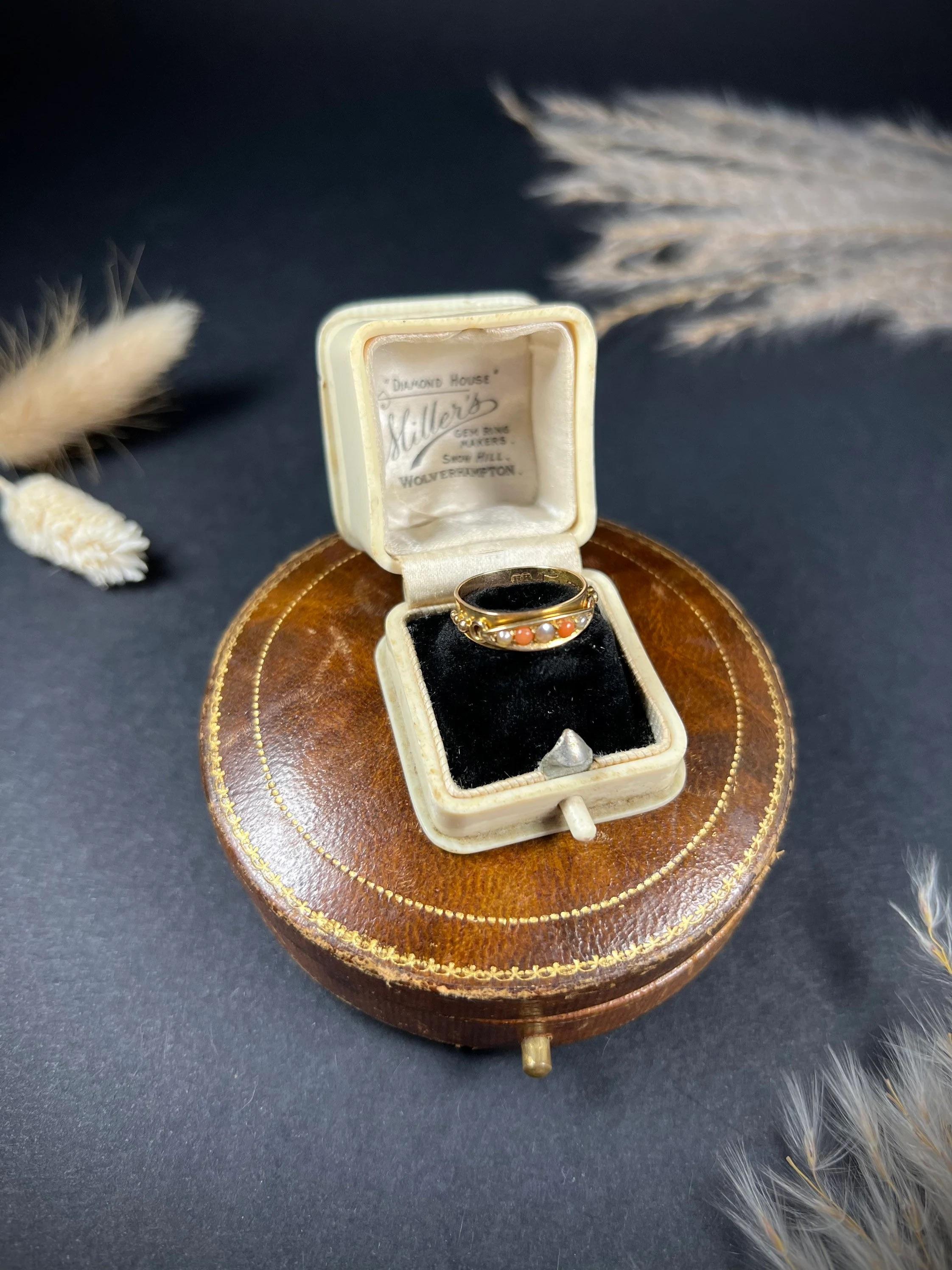Antique 15ct Gold Victorian Coral & Pearl Band Ring For Sale 1