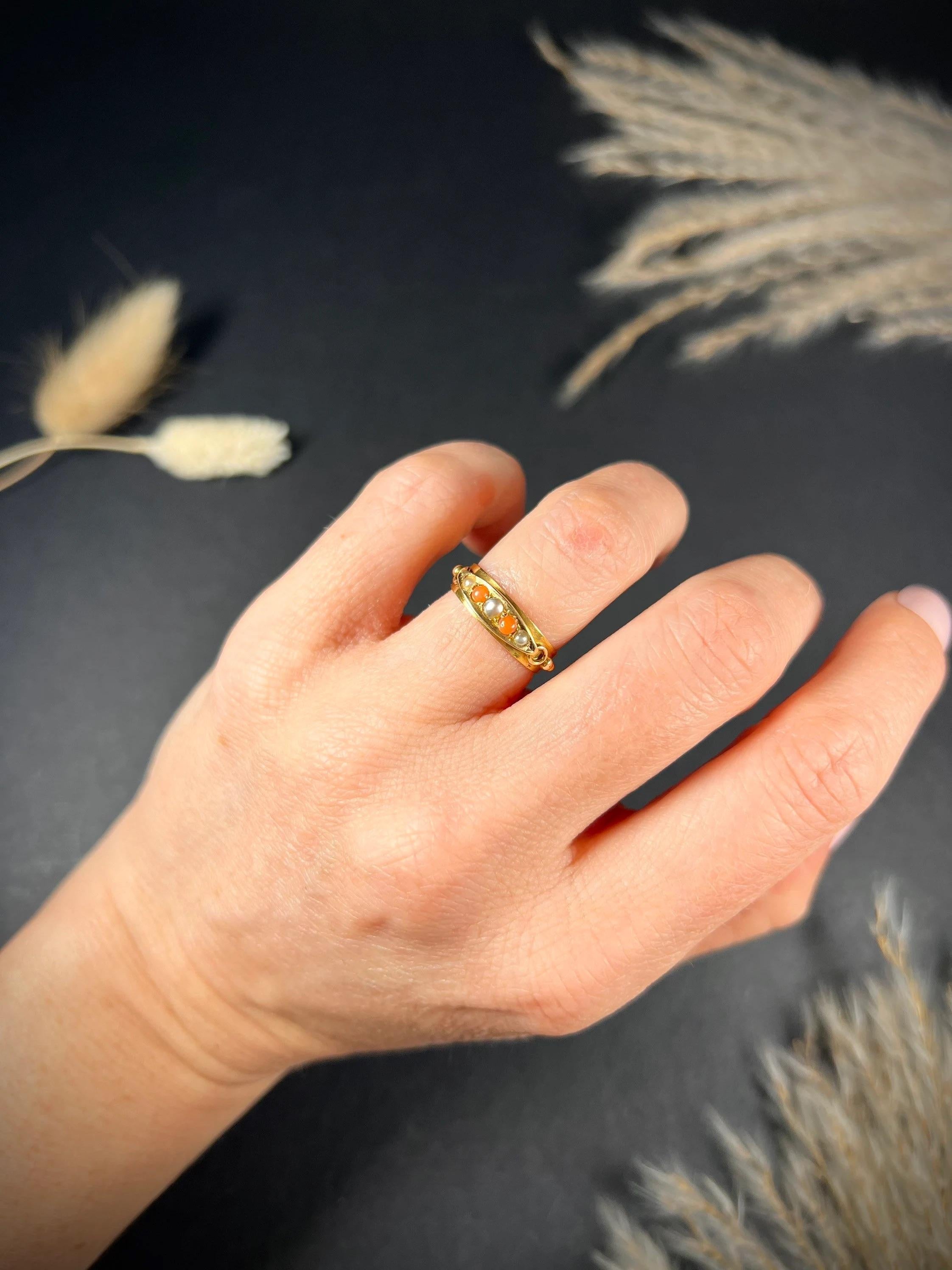 Antique 15ct Gold Victorian Coral & Pearl Band Ring For Sale 2