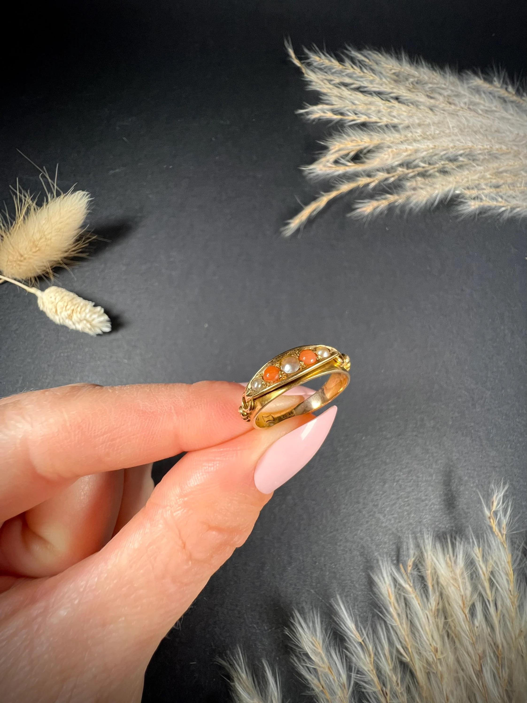 Antique 15ct Gold Victorian Coral & Pearl Band Ring For Sale 3