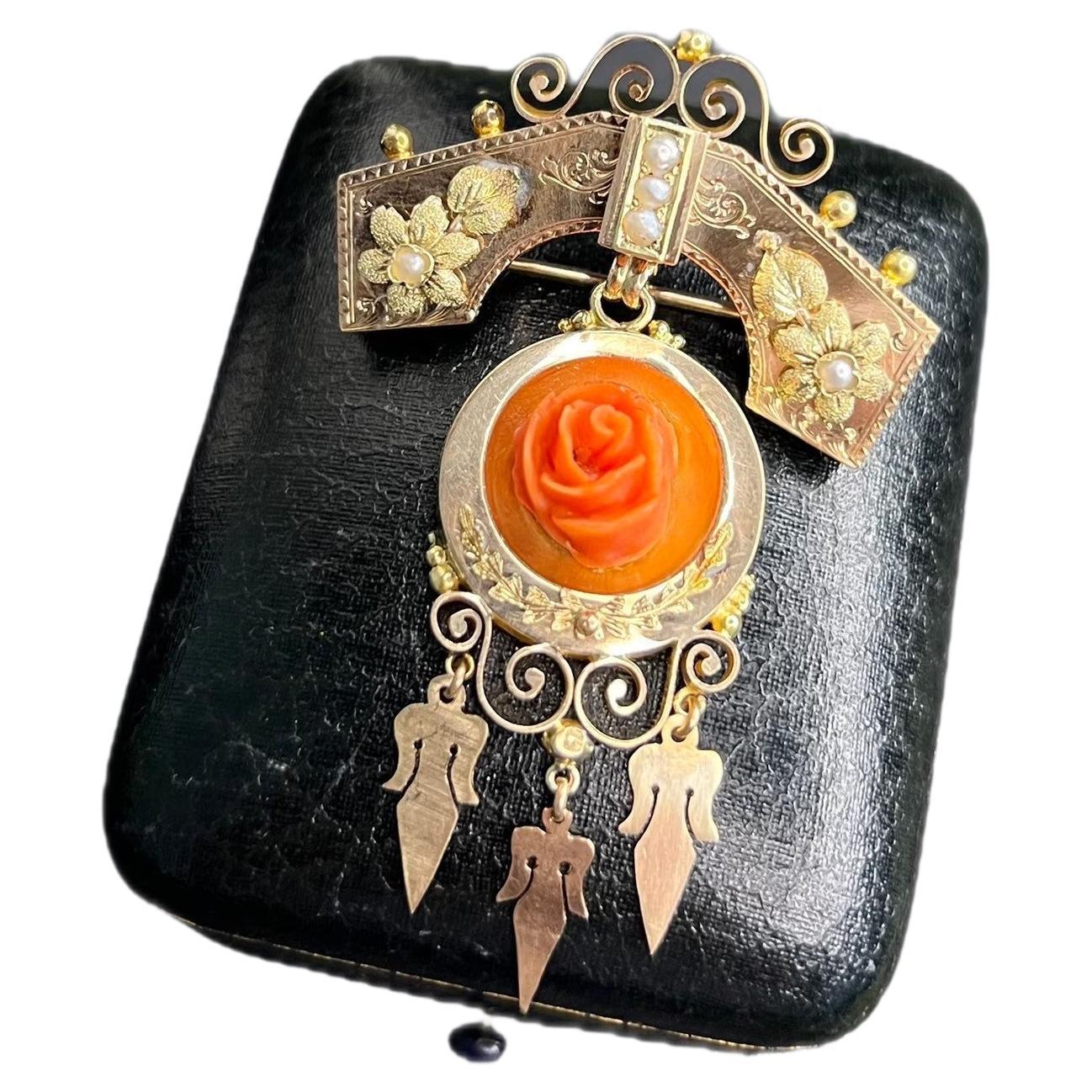 Broche/pendentif victorienne ancienne en or 15 carats, corail et perles