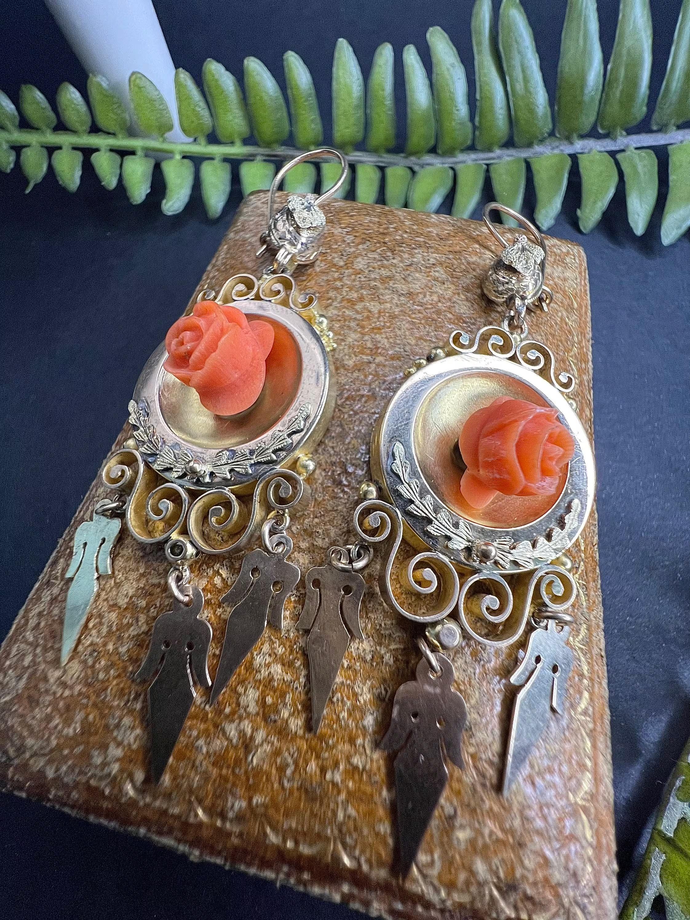 Antique 15ct Gold Victorian Coral Statement Earrings For Sale 2