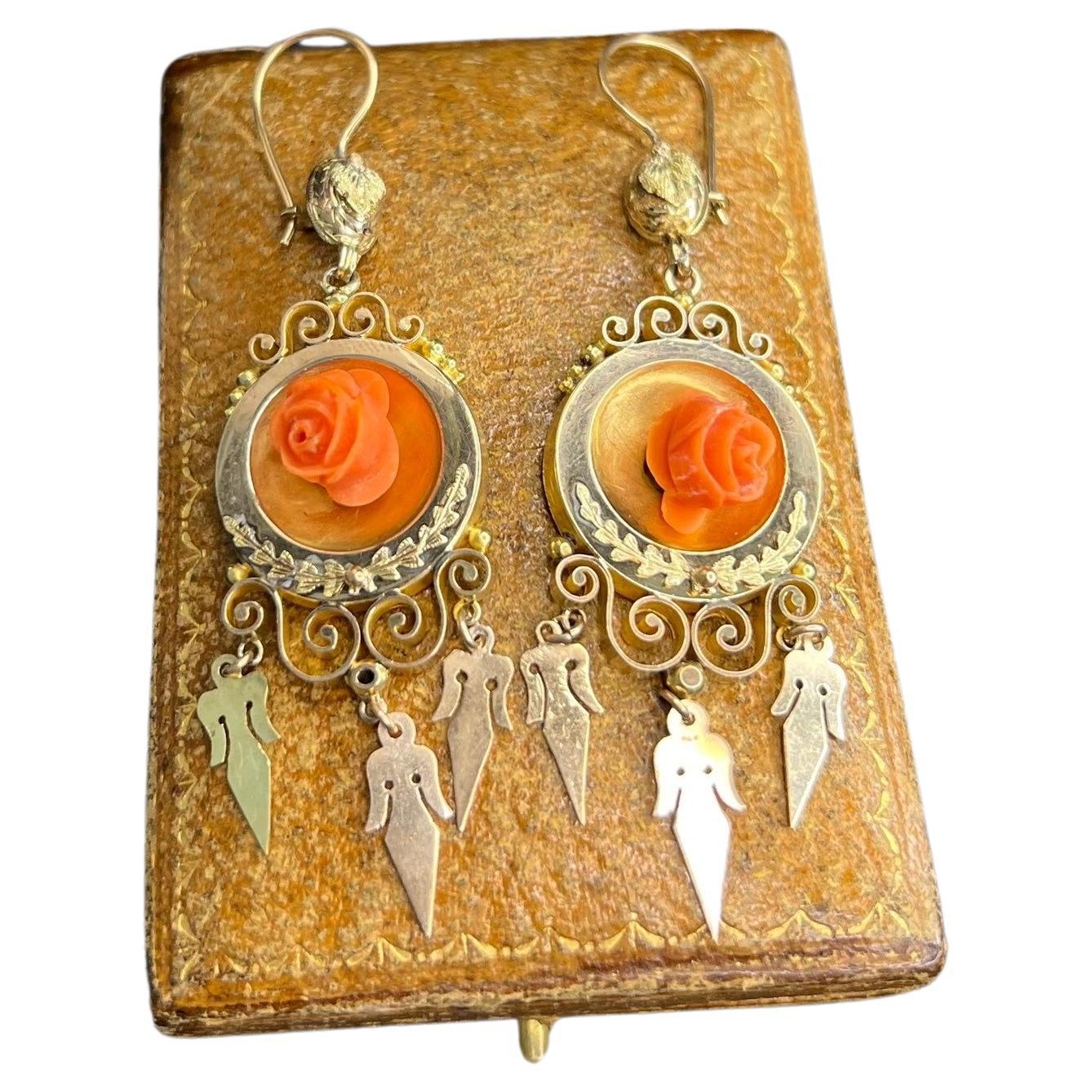 Antique 15ct Gold Victorian Coral Statement Earrings For Sale