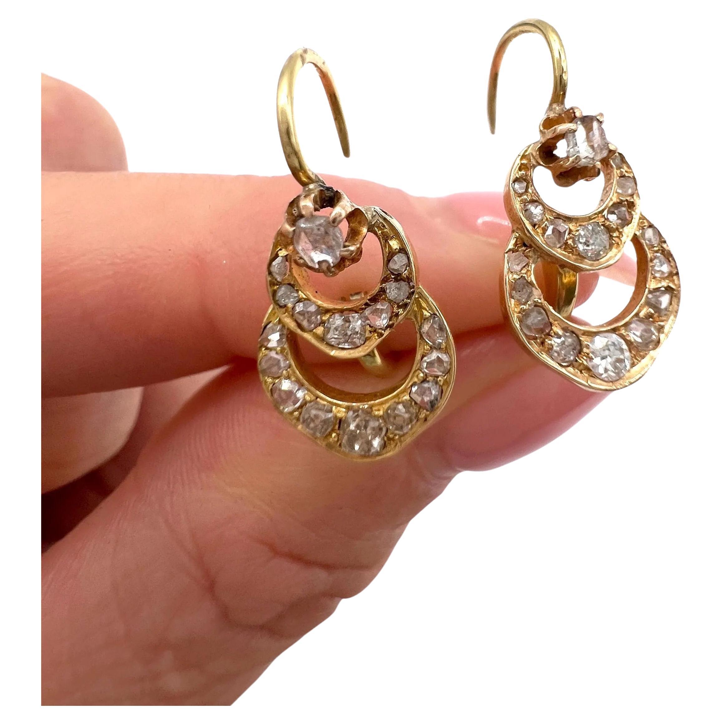Antique 15ct Gold, Victorian Diamond Double Crescent Drop Earrings