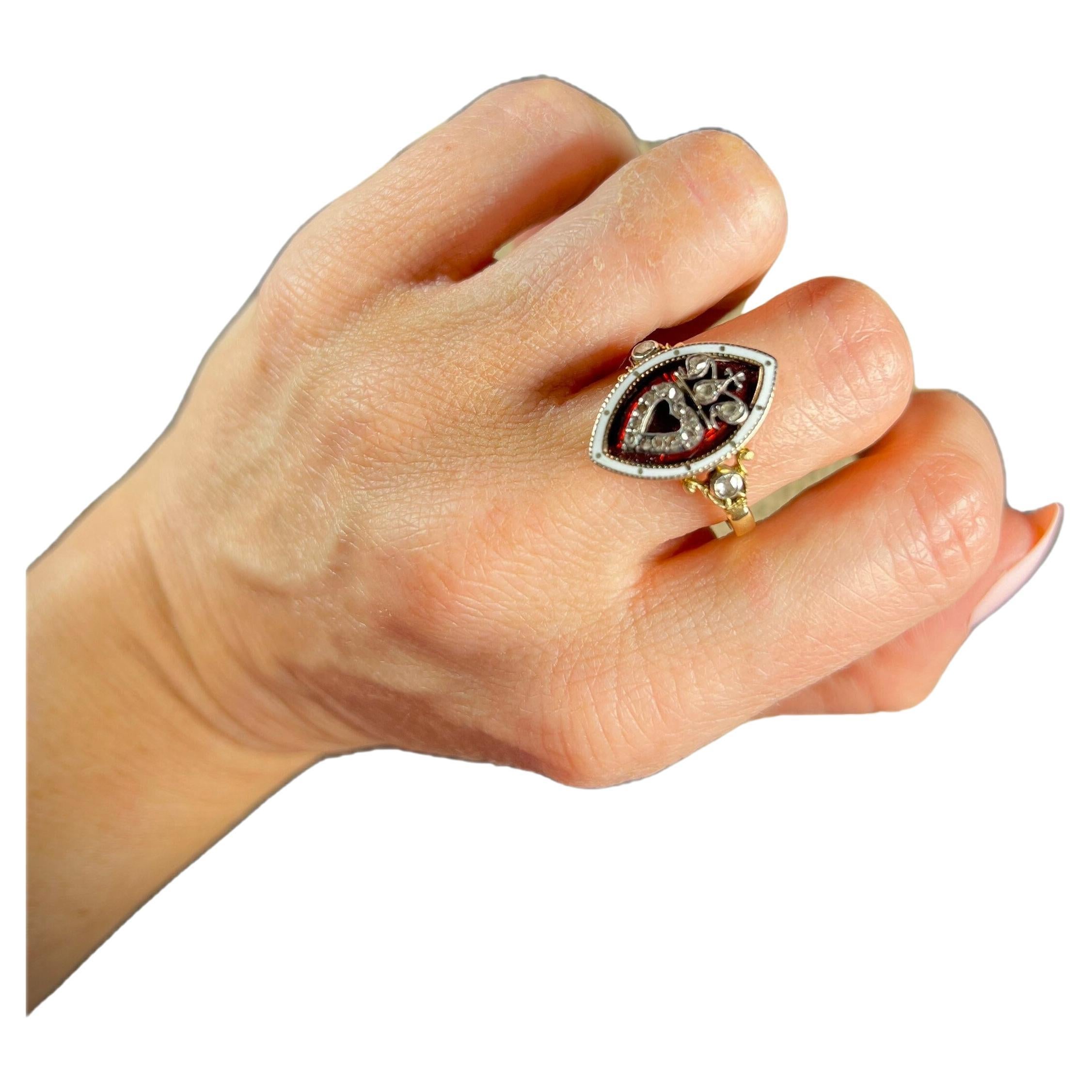Antiker viktorianischer 15 Karat Gold viktorianischer Marquise-Ring mit Kronenherz-Diamant und Emaille