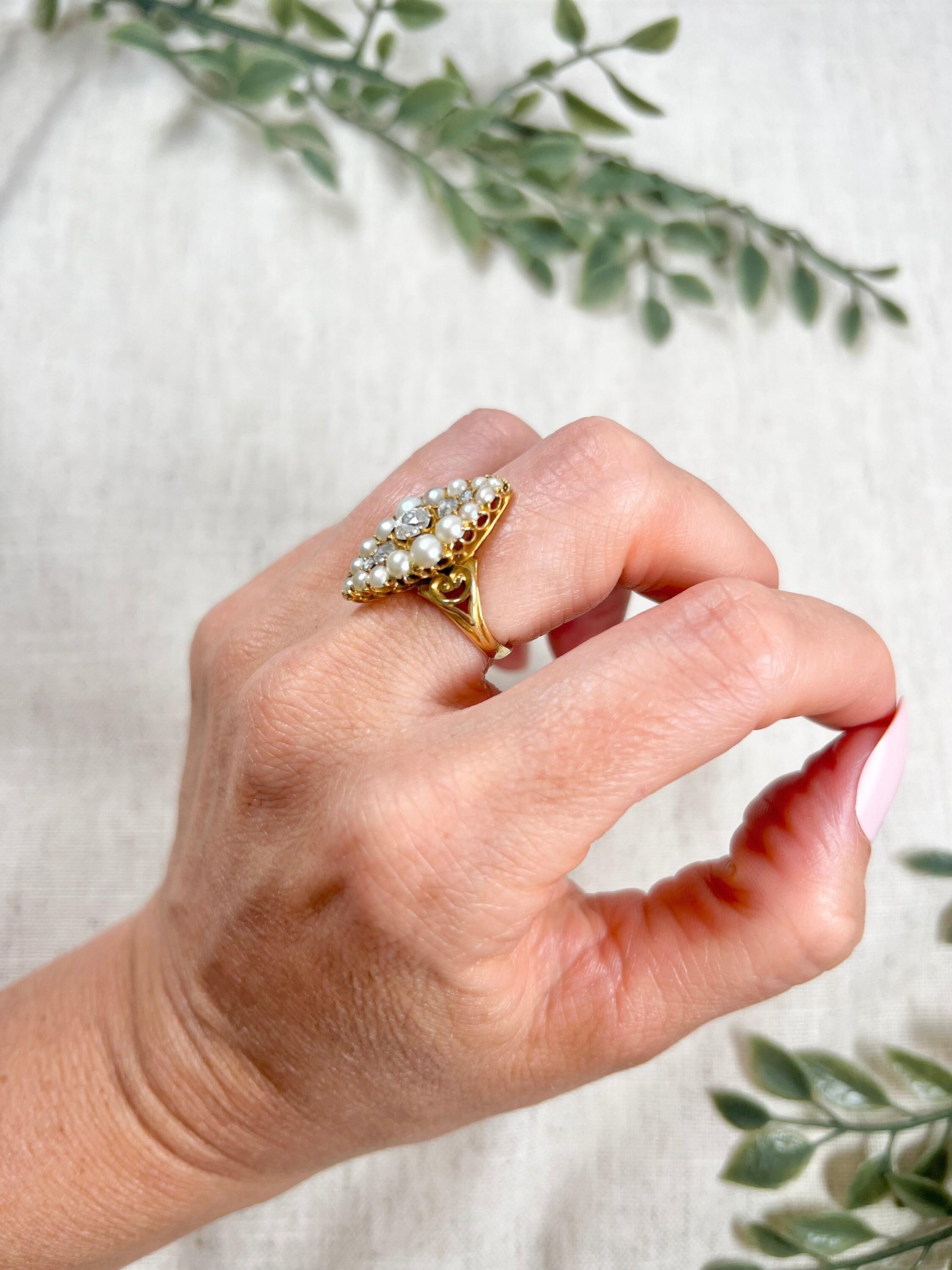 Women's or Men's Antique 15ct Gold Victorian Diamond & Seed Pearl Marquise Ring