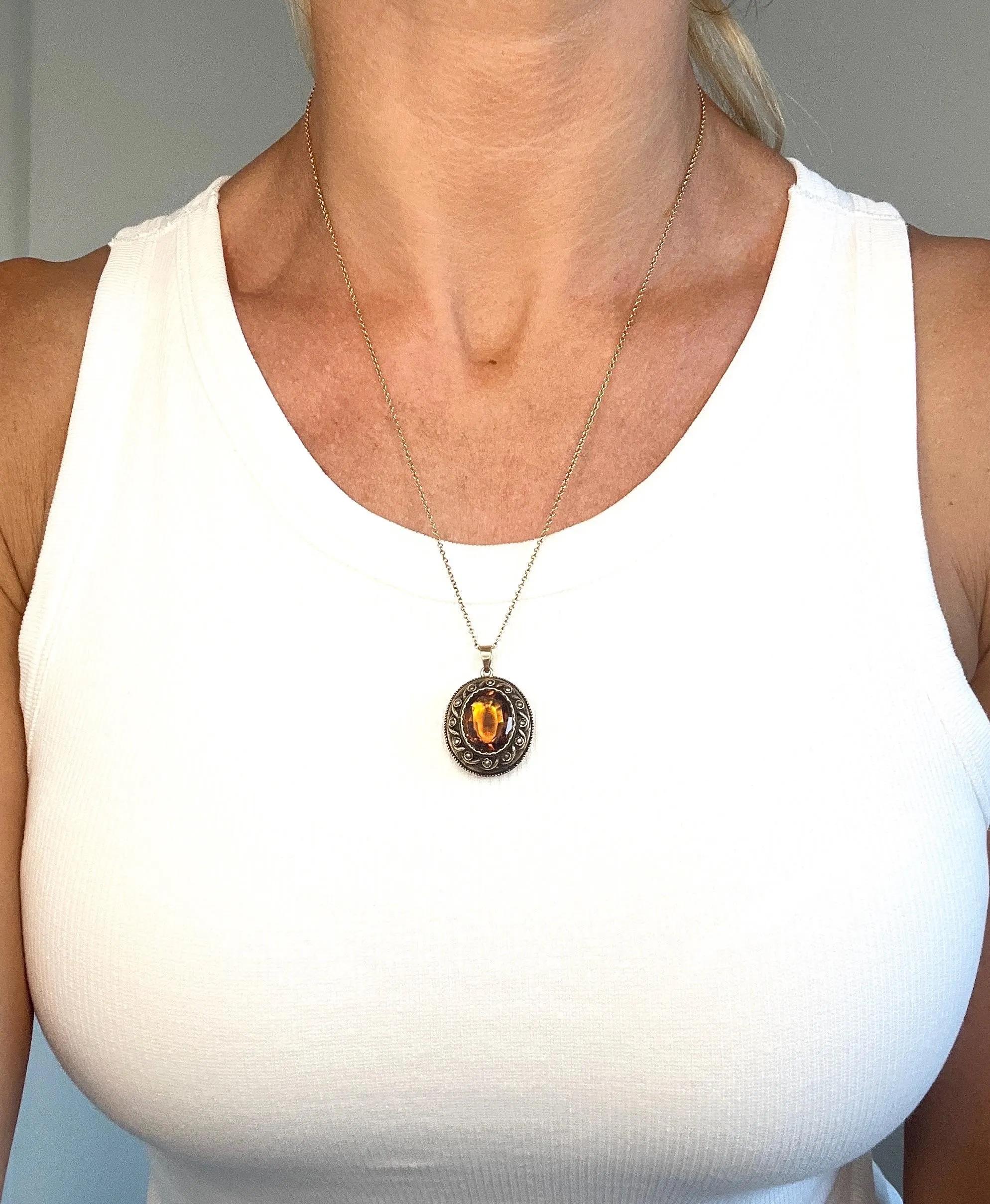 Oval Cut Antique 15ct Gold, Victorian Fancy Citrine & Seed Pearl Oval Shaped Locket For Sale
