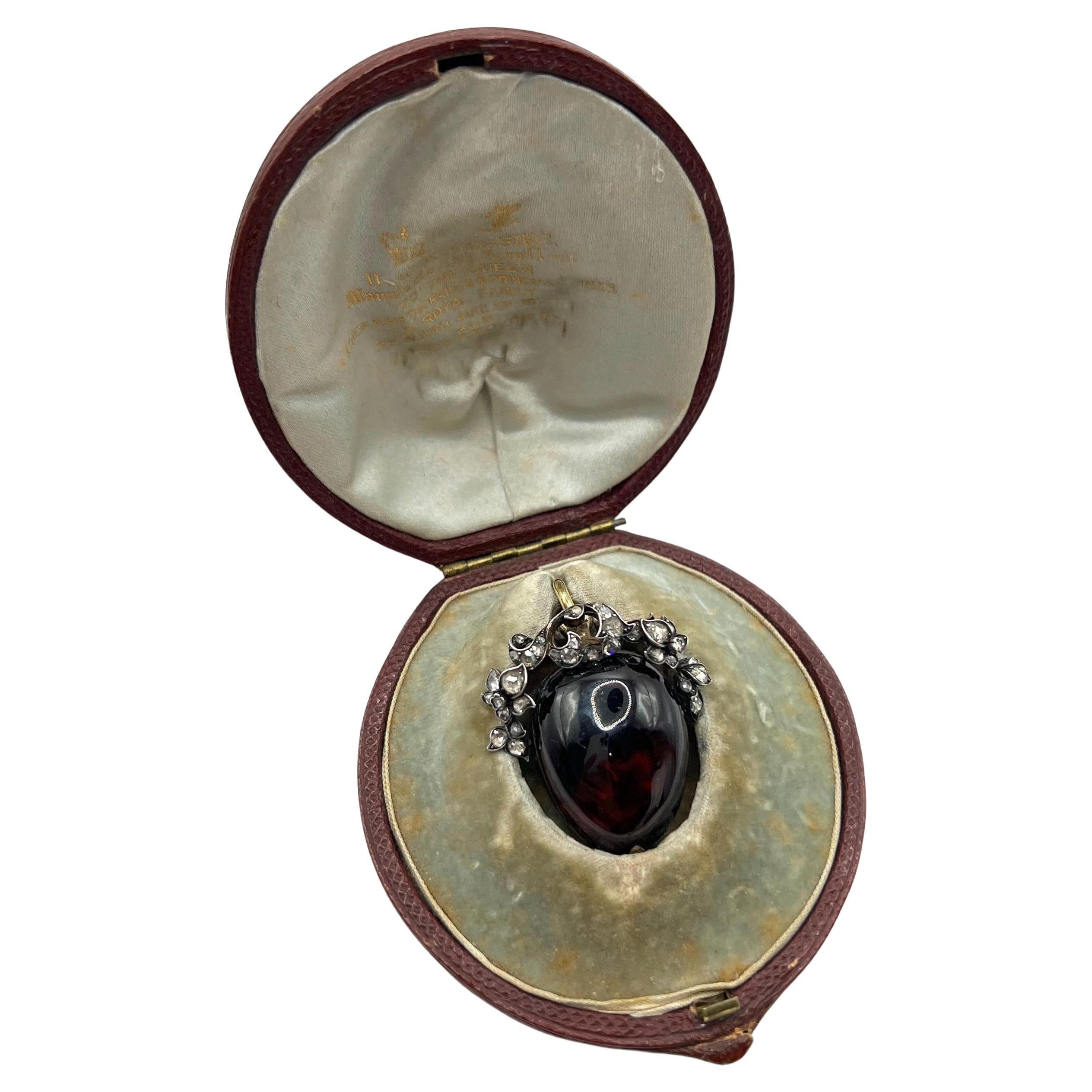 Antique 15ct Gold Victorian Garnet Locket Pendant, with Floral Diamond Setting