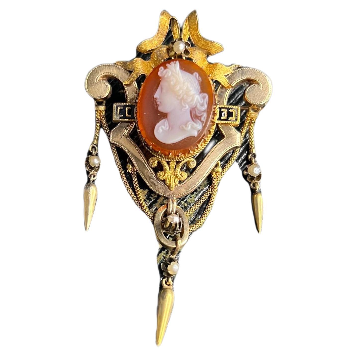 Antique 15ct Gold Victorian Hardstone Cameo Brooch For Sale