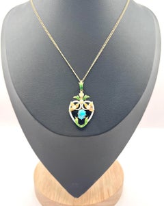 Antique 15ct Gold Victorian Heart Pendant/Brooch Enamel Turquoise & Seed Pearls