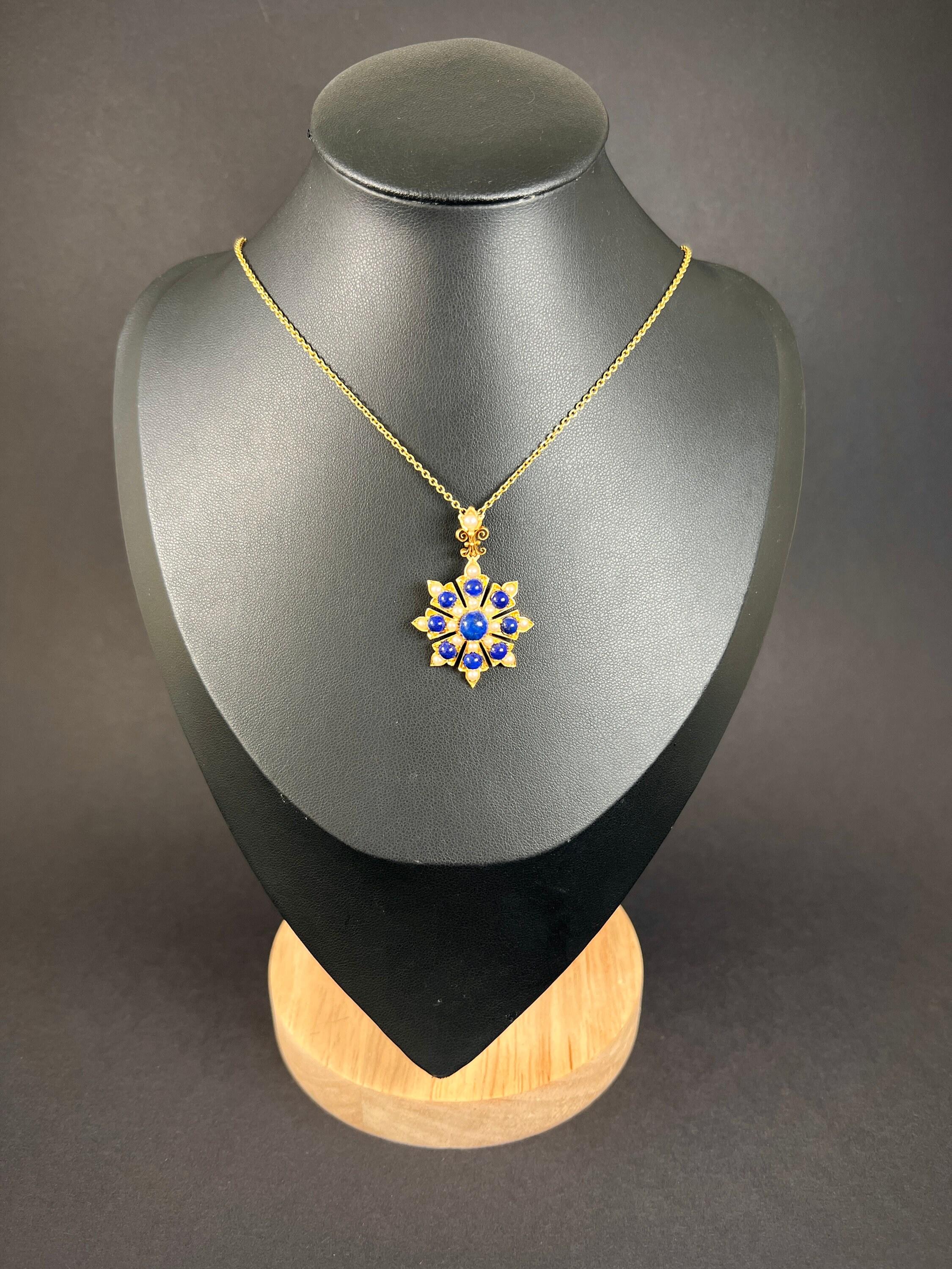 Antique 15ct Gold, Victorian Lapis Lazuli & Pearl Flower Pendant For Sale 5