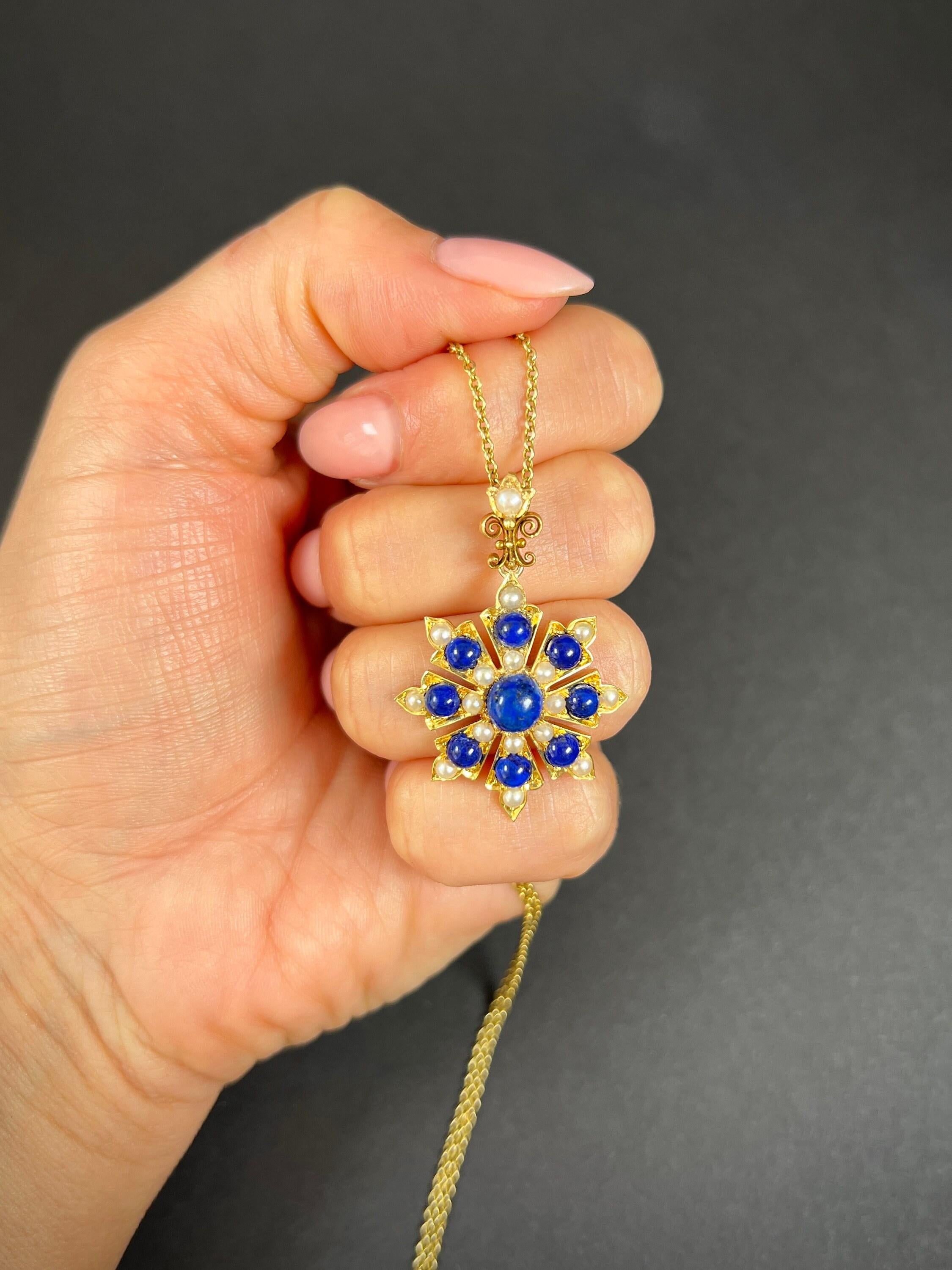 Antique 15ct Gold, Victorian Lapis Lazuli & Pearl Flower Pendant For Sale 6
