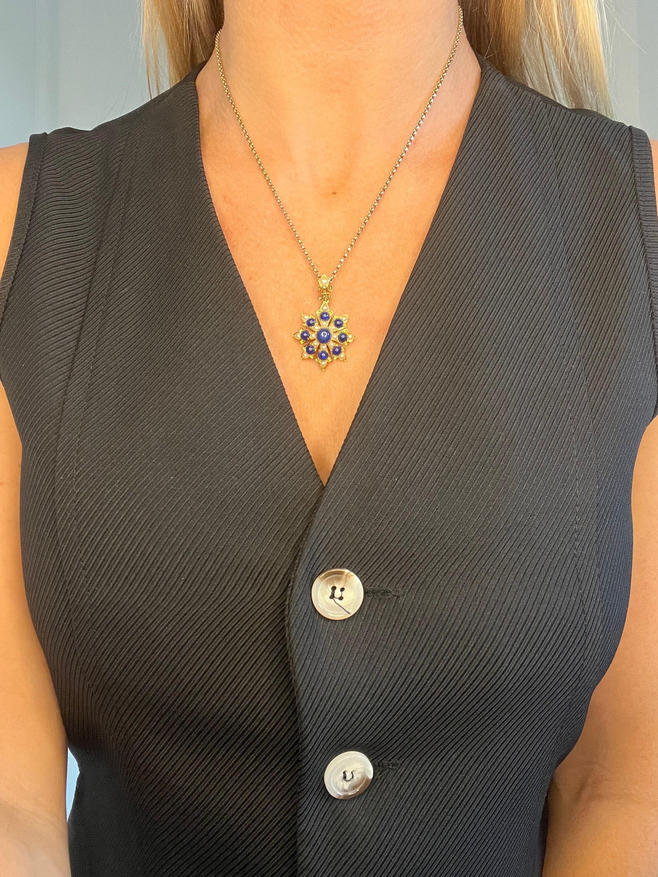 Round Cut Antique 15ct Gold, Victorian Lapis Lazuli & Pearl Flower Pendant For Sale