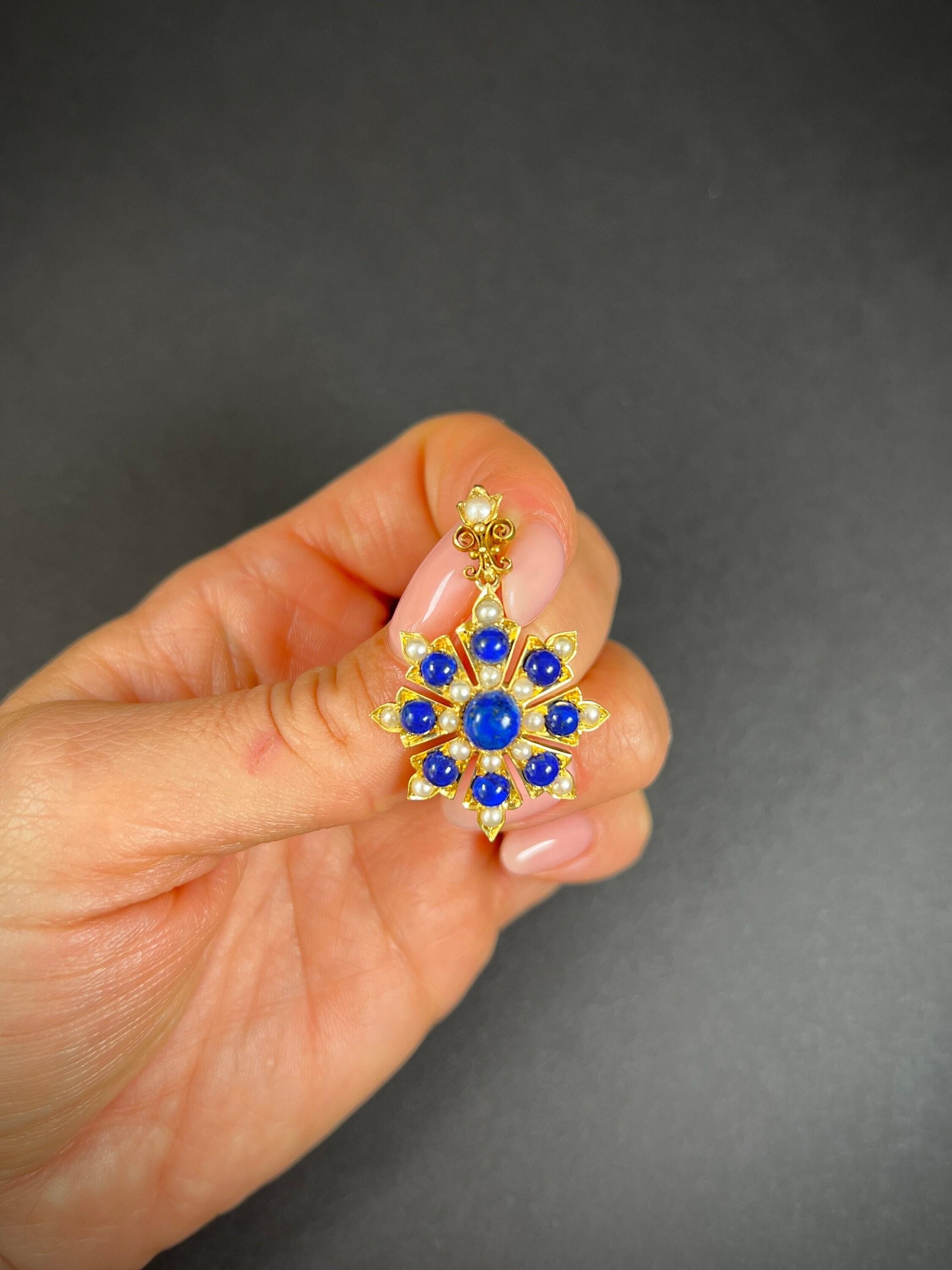 Antique 15ct Gold, Victorian Lapis Lazuli & Pearl Flower Pendant For Sale 1
