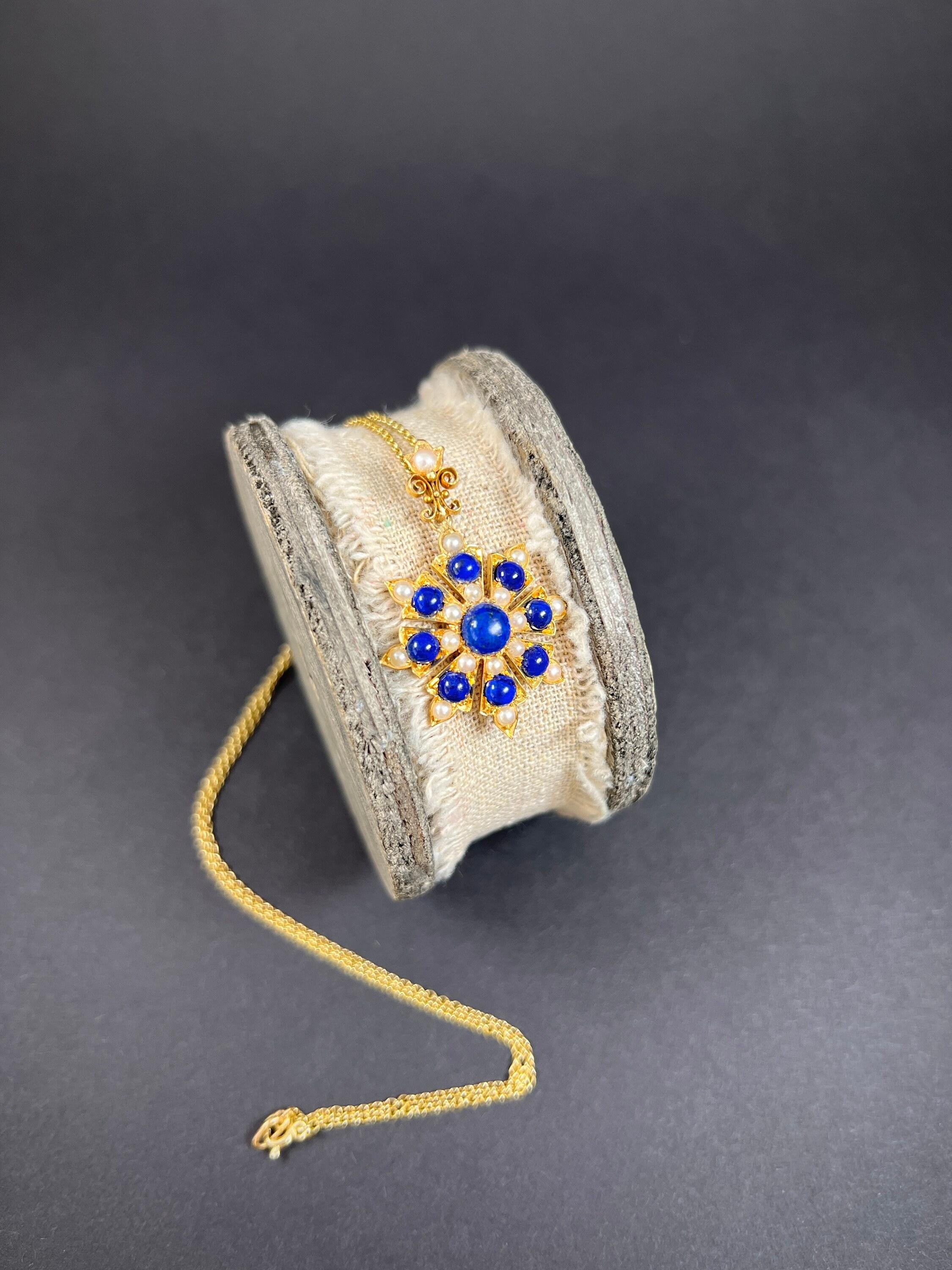 Antique 15ct Gold, Victorian Lapis Lazuli & Pearl Flower Pendant For Sale 2
