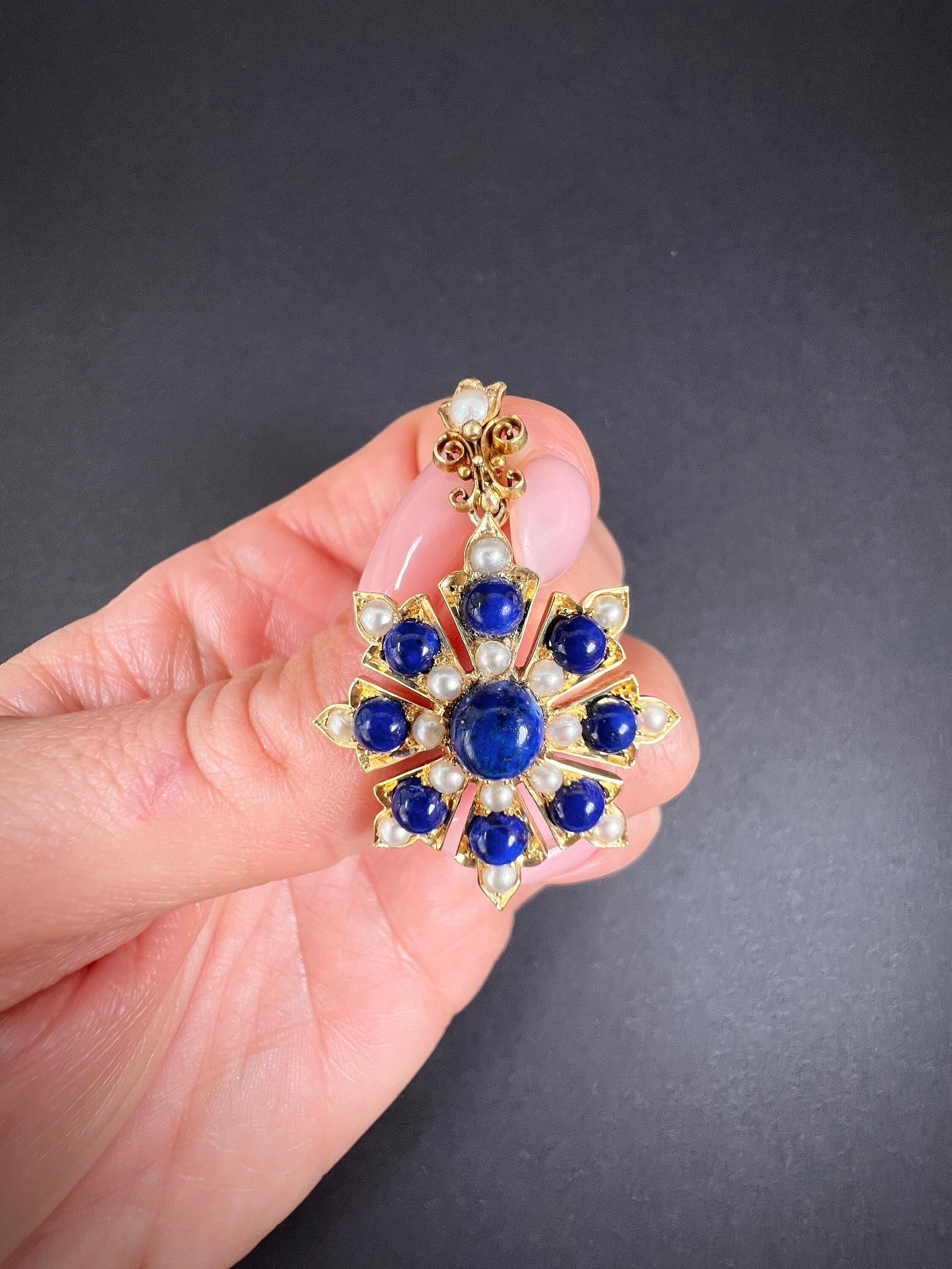 Antique 15ct Gold, Victorian Lapis Lazuli & Pearl Flower Pendant For Sale 3