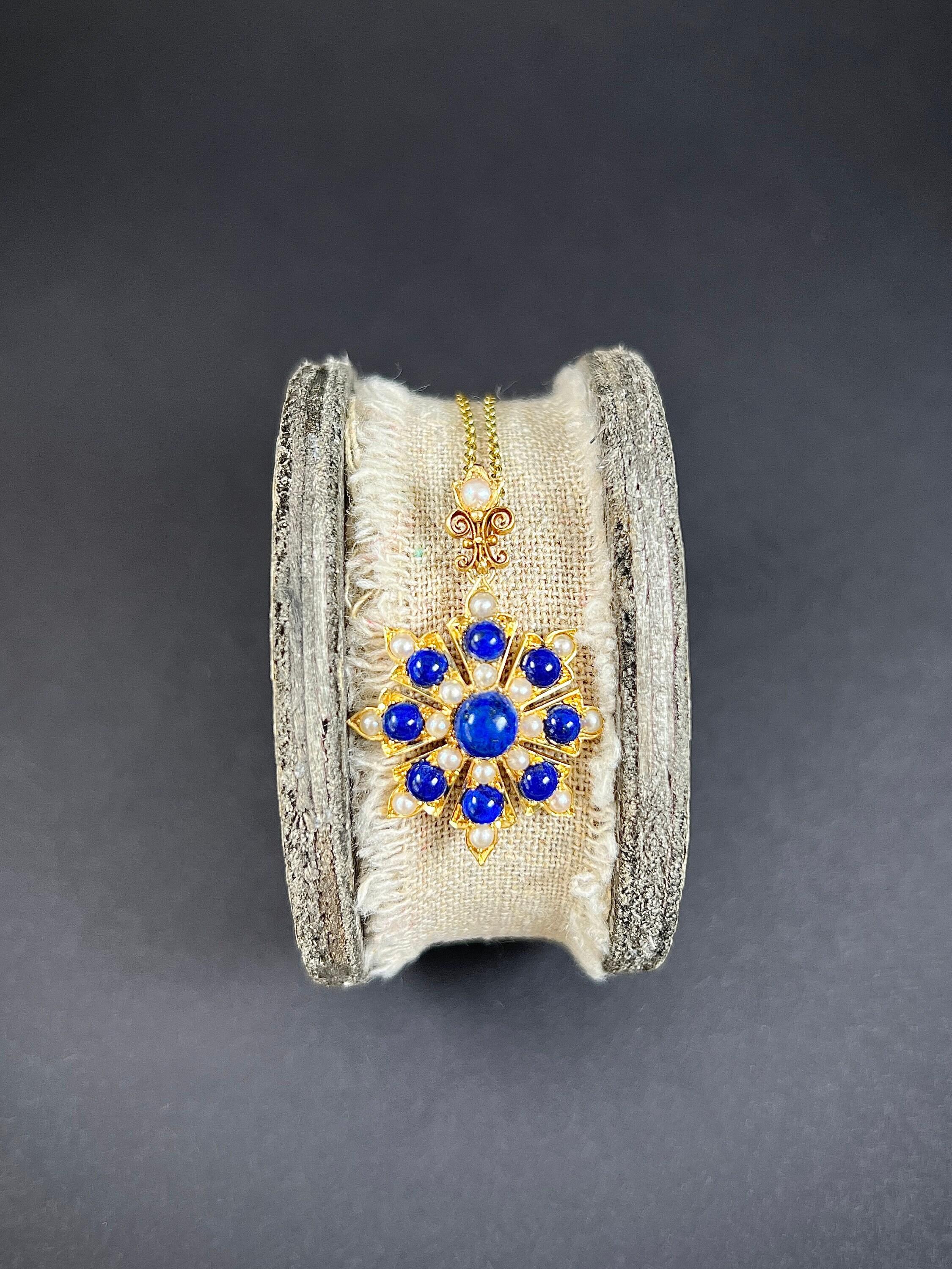 Antique 15ct Gold, Victorian Lapis Lazuli & Pearl Flower Pendant For Sale 4